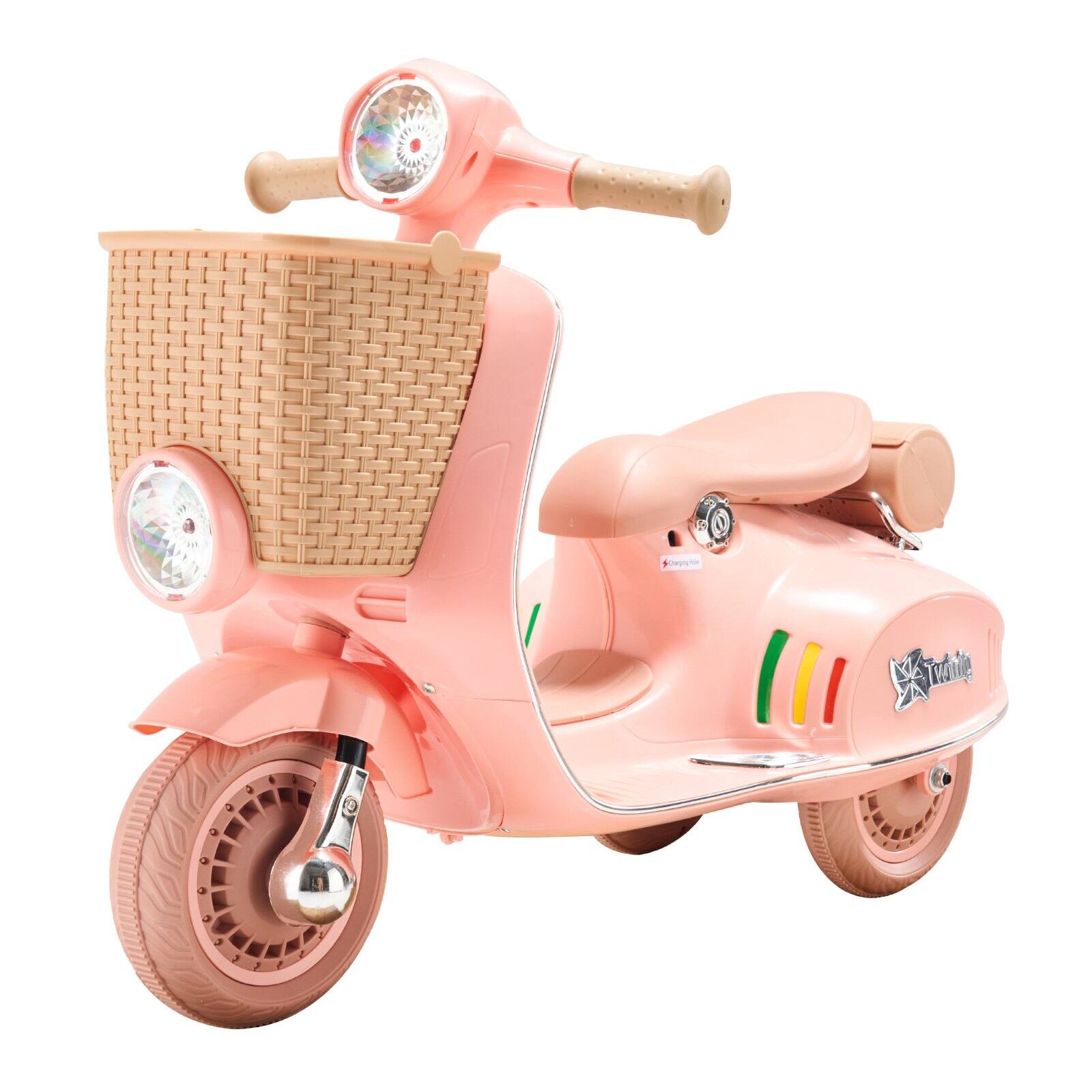 Glintex - Kids Battery Ride-On Motorcycle Trike, 12V Electric Bike with Basket, LED Lights, Music & Bluetooth, for Ages 3-4 - White + Beige + Pink + Green