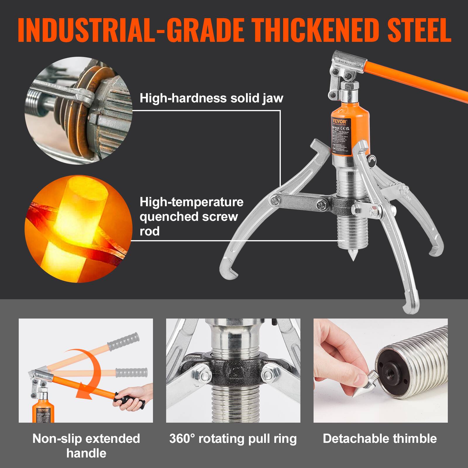 INDUSTRIAL-GRADE THICKENED STEEL

- High-hardness solid jaw
- High-temperature quenched screw rod
- Non-slip extended handle
- 360° rotating pull ring
- Detachable thimble