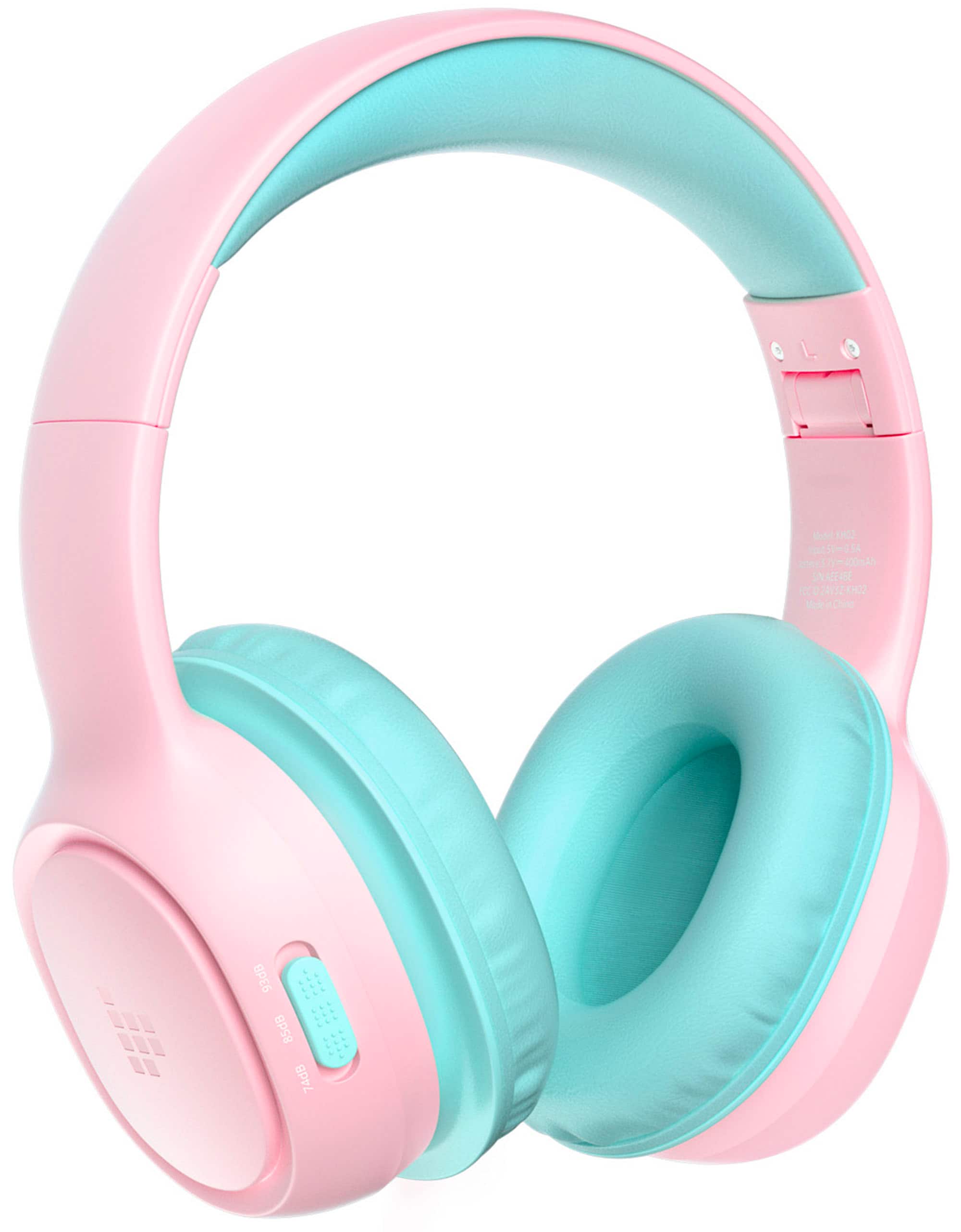 The image features a pair of pink and blue headphones with a 74dB volume limit. The headphones have a 7ym400mAh battery and are designed for use with an iPod. The headphones are made by the company SESA and are intended for children.