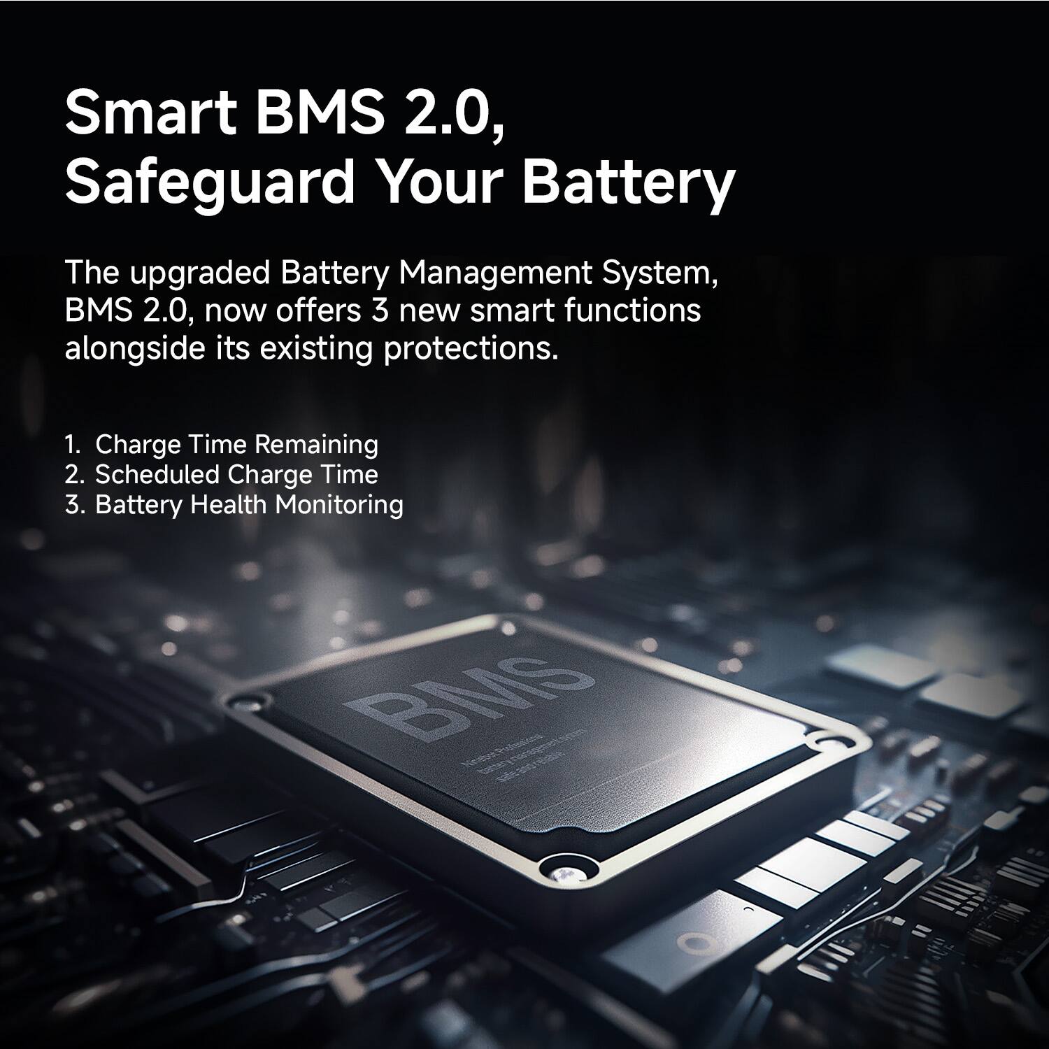 Smart BMS 2.0, Safeguard Your Battery

The upgraded Battery Management System, BMS 2.0, now offers 3 new smart functions alongside its existing protections.

1. Charge Time Remaining
2. Scheduled Charge Time
3. Battery Health Monitoring