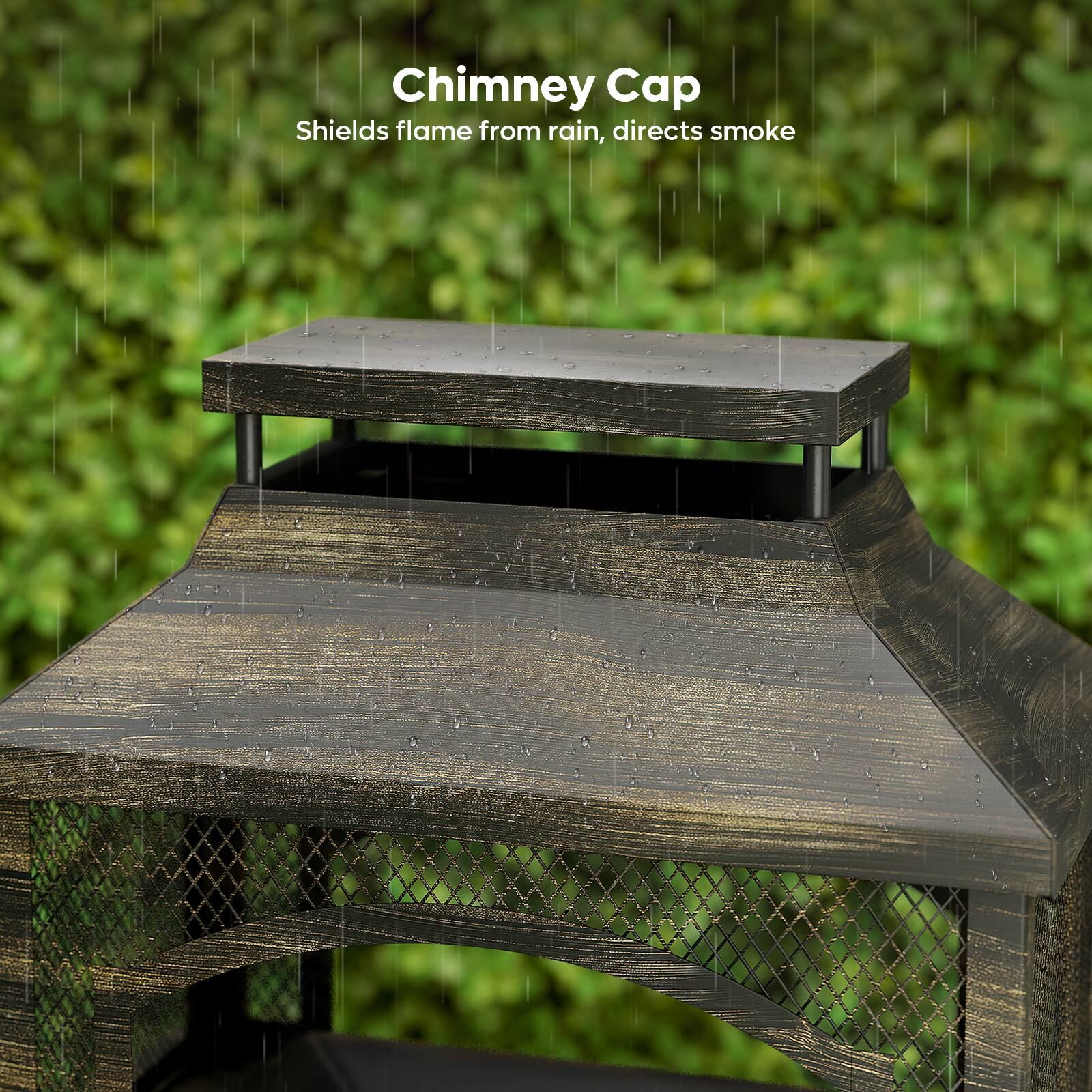 Chimney Cap  
Shields flame from rain, directs smoke