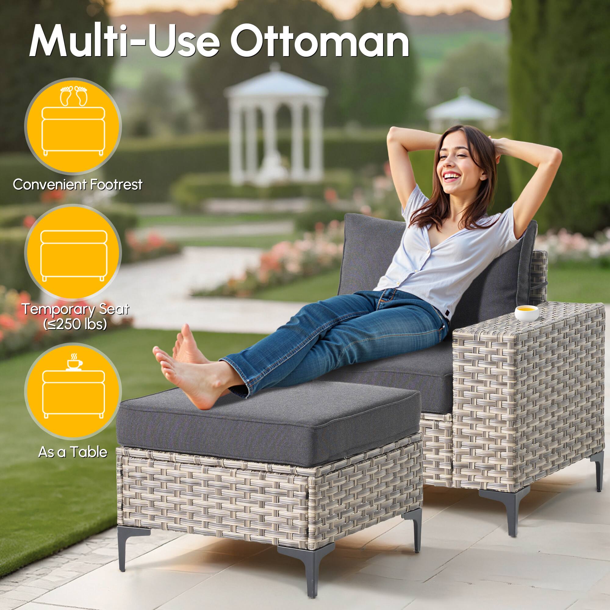 Multi-Use Ottoman

Convenient Footrest

Temporary Seat (≤250 lbs)

As a Table