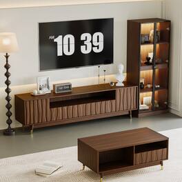 MSOOB - 3-Piece Mid-Century Modern Wood Entertainment Center TV Stand And Coffee Table Set With Glass Display Cabinet - Brown