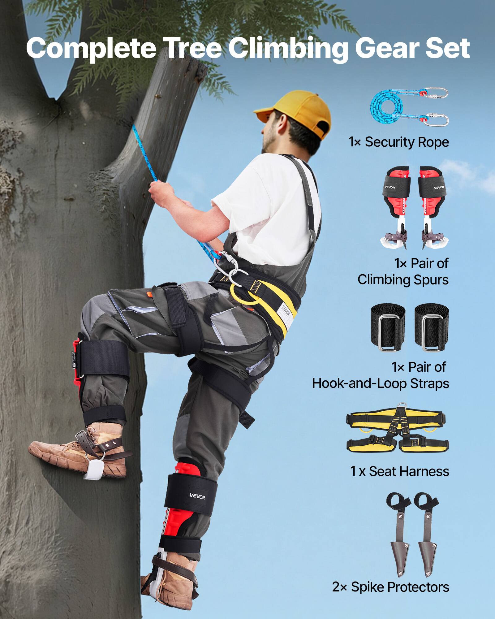 Complete Tree Climbing Gear Set  
1x Security Rope  
1x Pair of Climbing Spurs  
1x Pair of Hook-and-Loop Straps  
1x Seat Harness  
2x Spike Protectors