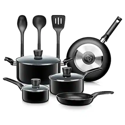 Front. SereneLife - SereneLife Kitchenware Pots & Pans Set – Cookware, Black Non-Stick Coating (11-Piece Set) - black.