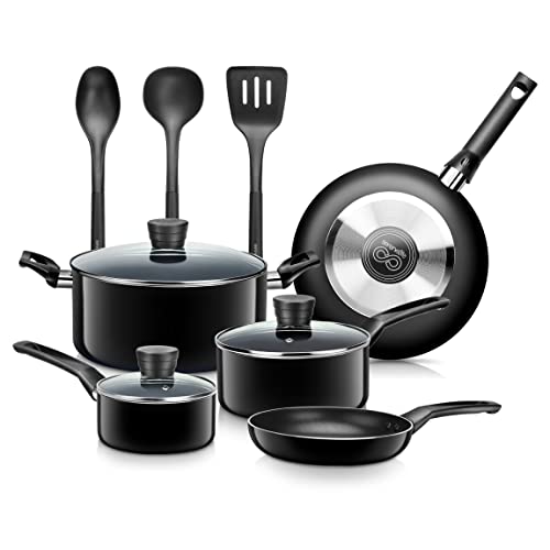 Front. SereneLife - SereneLife Kitchenware Pots & Pans Set – Cookware, Black Non-Stick Coating (11-Piece Set) - black.