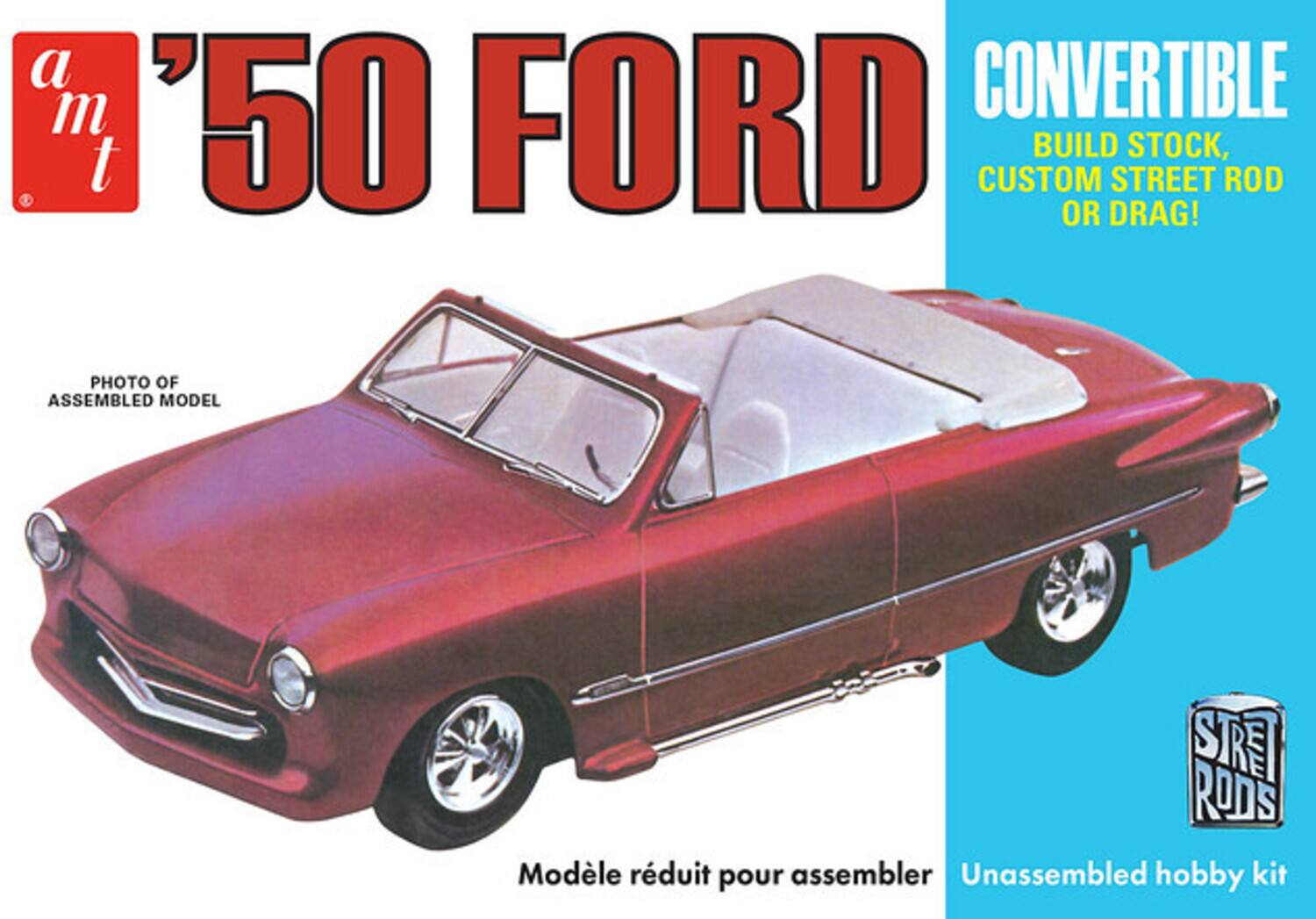 a '50 FORD CONVERTIBLE  
BUILD STOCK, CUSTOM STREET ROD OR DRAG!  
PHOTO OF ASSEMBLED MODEL  
Modèle réduit pour assembler  
Unassembled hobby kit  
STREET RODS