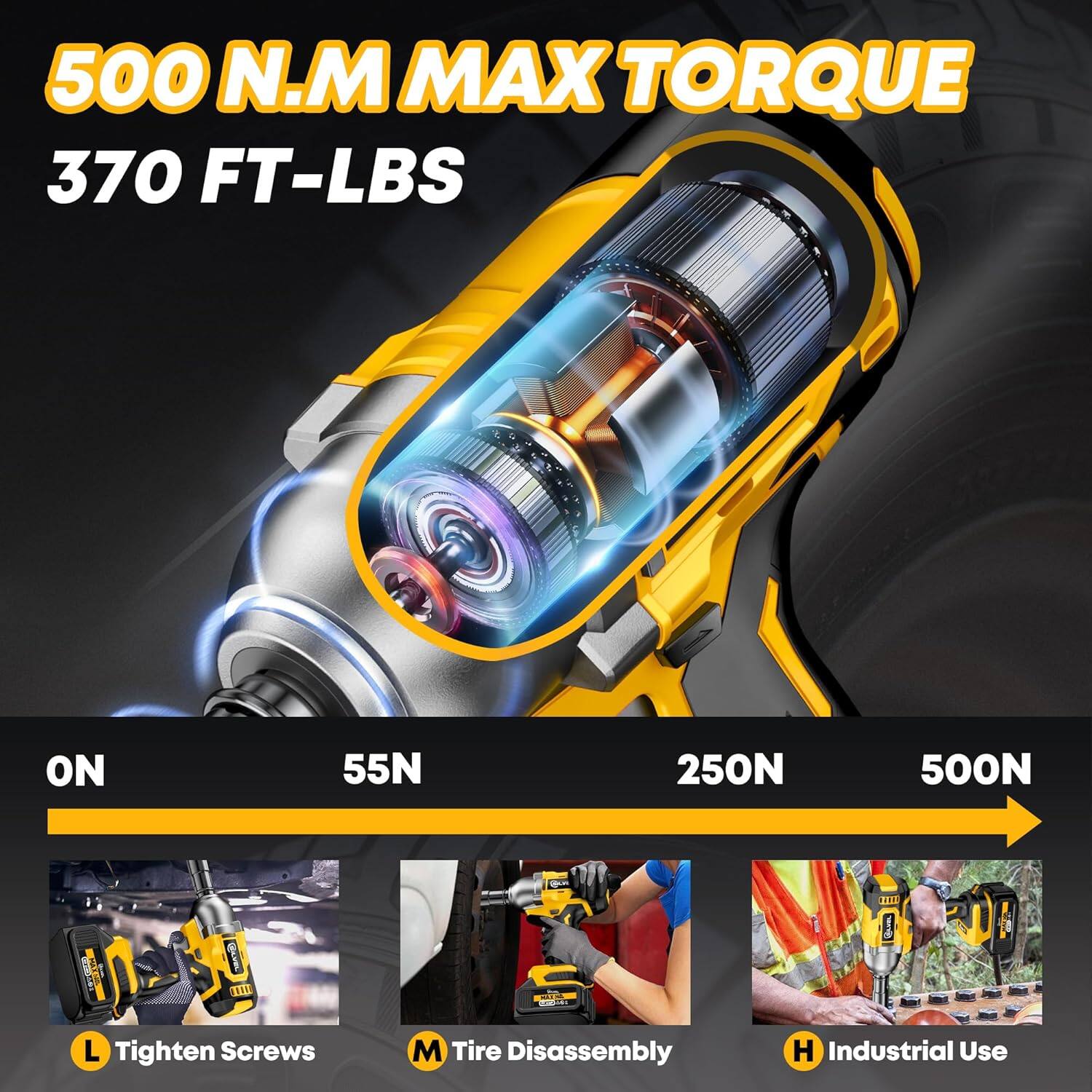 500 N.M MAX TORQUE 370 FT-LBS ON 55N 250N 500N - L Tighten Screws - M Tire Disassembly - H Industrial Use