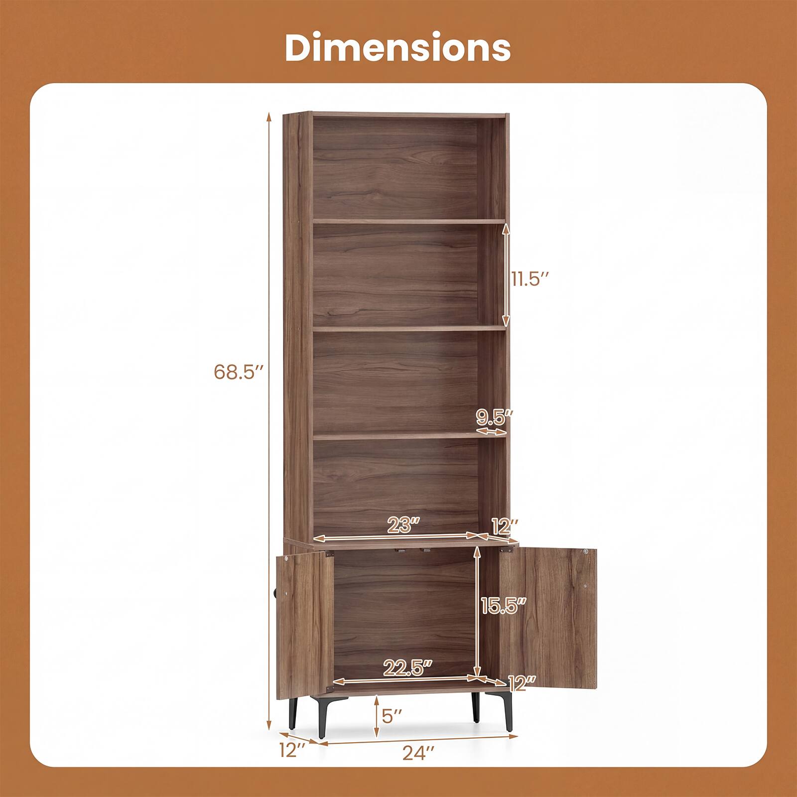Dimensions: 11.5" x 68.5" x 9.5" x 23" x 12" x 15.5" x 22.5" x 5" x 12" x 12" x 24"