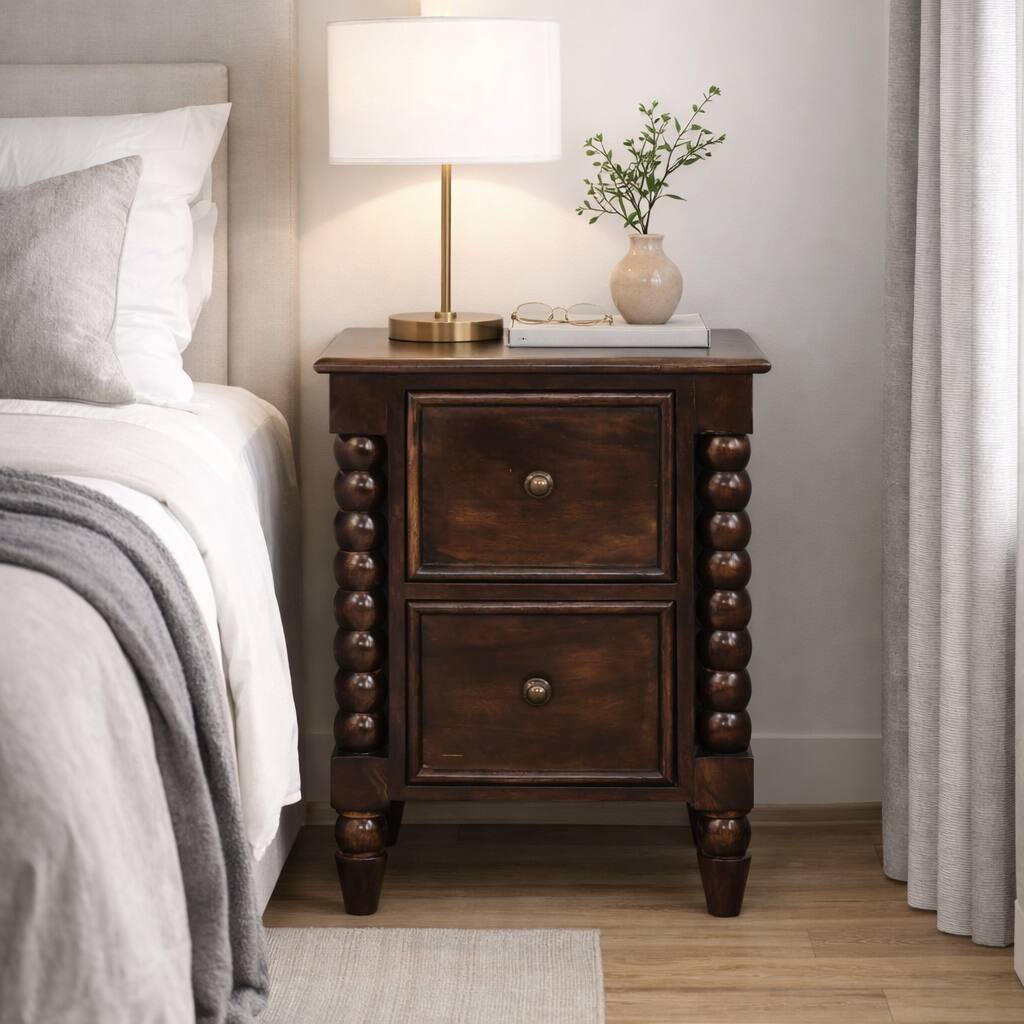 Angle. Artisan Furniture - Artisan Furniture Solid Wood Spindle Duo Bedside, 2 Drawers, Dark Brown - Dark brown.