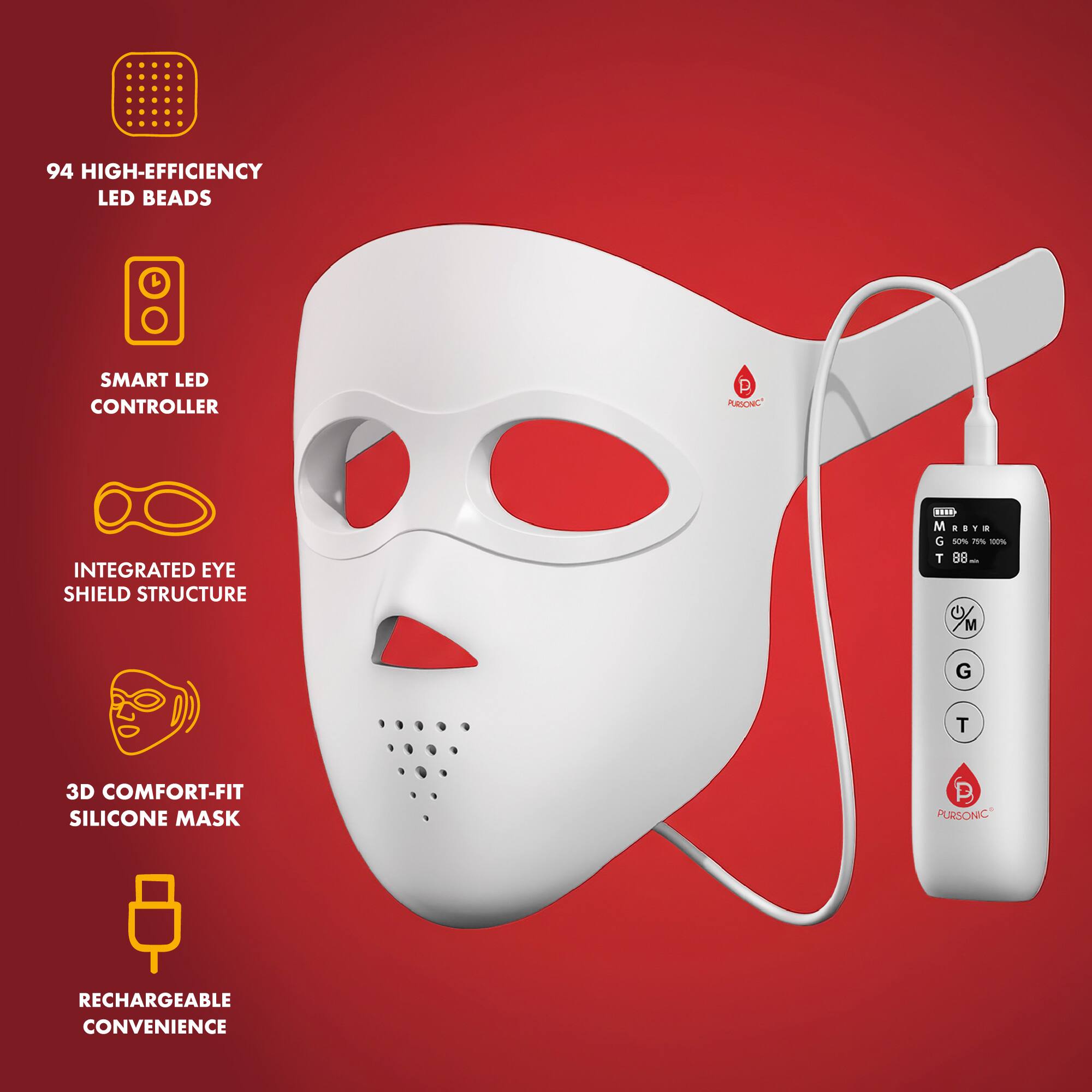 - 94 HIGH-EFFICIENCY LED BEADS
- SMART LED CONTROLLER
- INTEGRATED EYE SHIELD STRUCTURE
- 3D COMFORT-FIT SILICONE MASK
- RECHARGEABLE CONVENIENCE