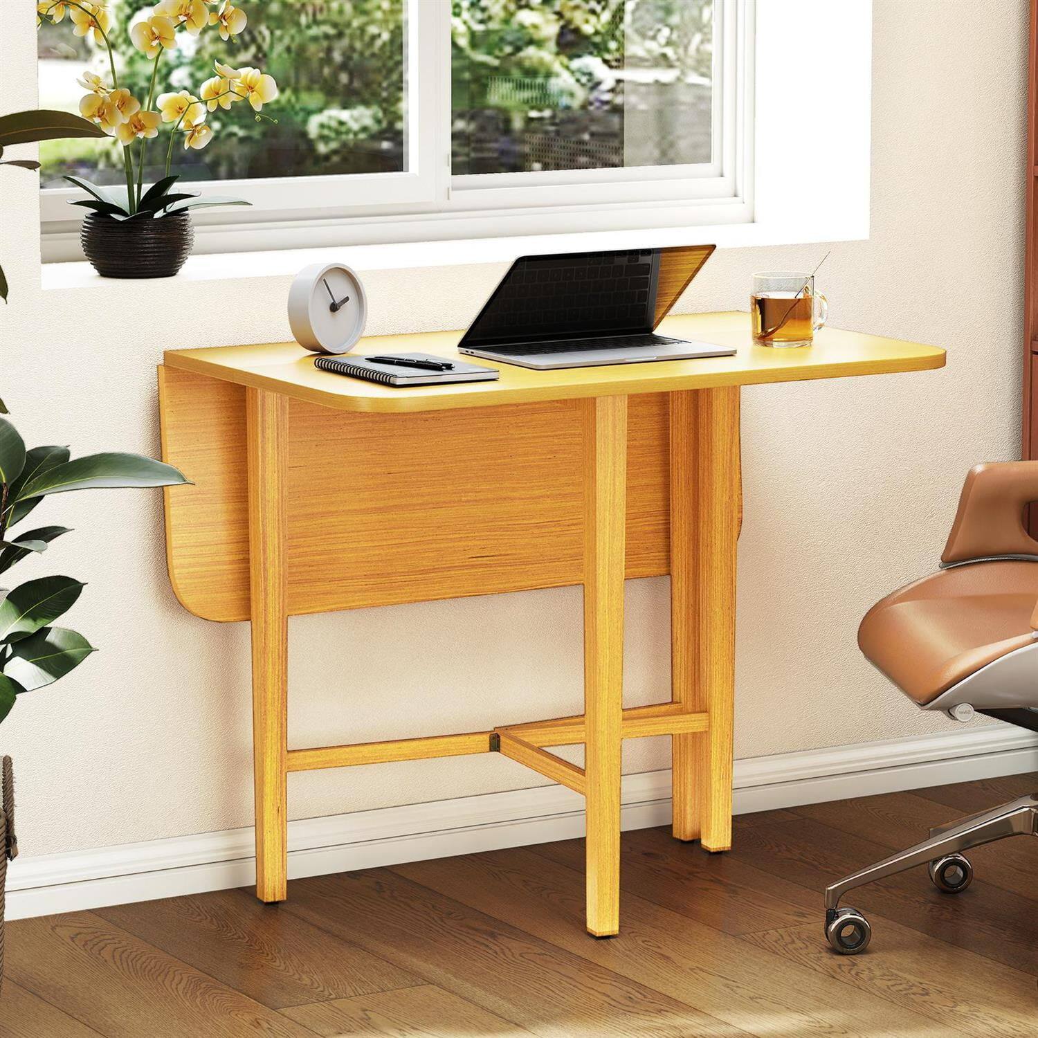 Left. Pefilos - Foldable Dining Table,2 Drop-Leaf Panels Rubber Wood Legs,X-Base,Natural - Brown.