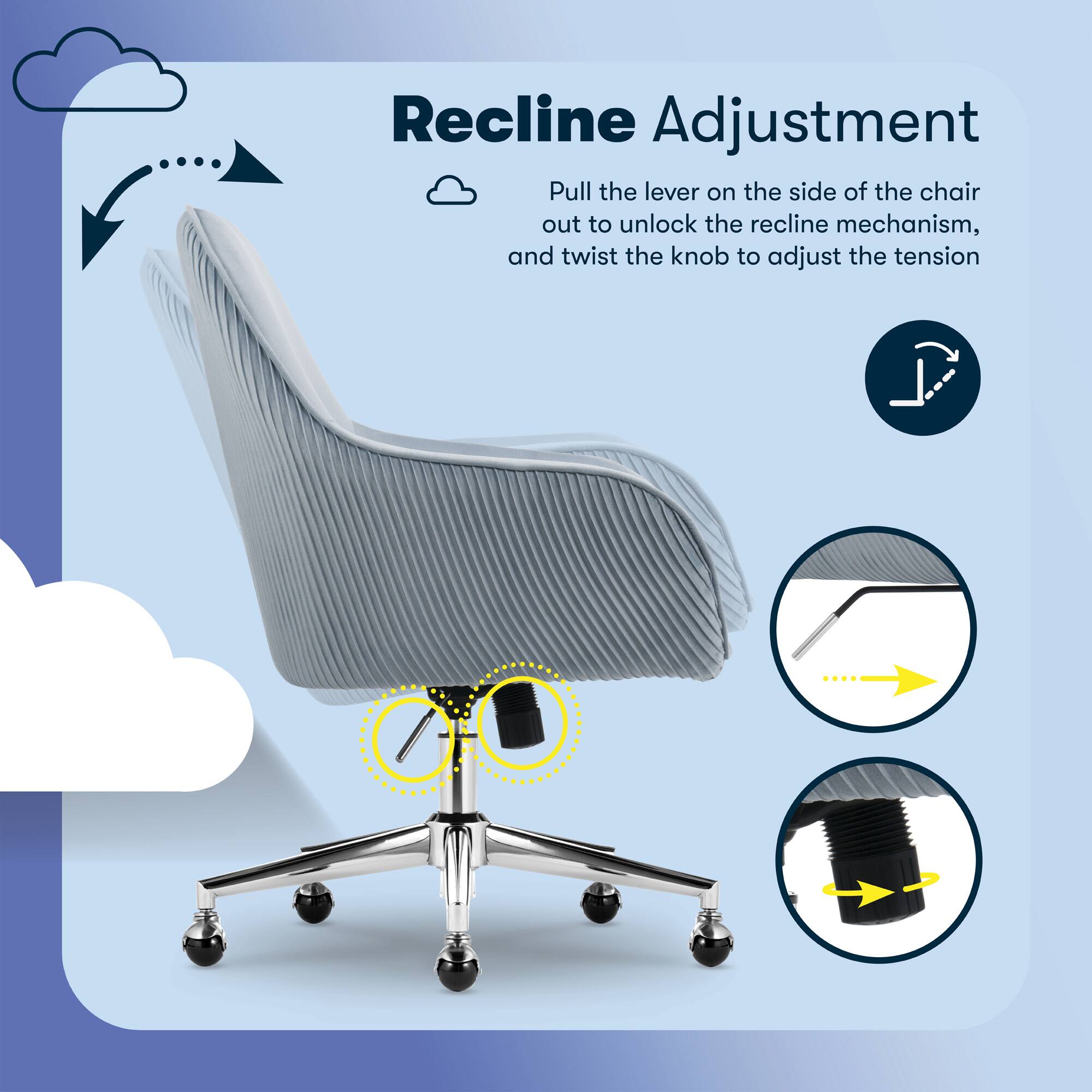 Recline Adjustment:

1. Pull the lever on the side of the chair out to unlock the recline mechanism.
2. Twist the knob to adjust the tension.