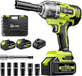Silvel - Cordless Impact Wrench, MAX 650N.M Brushless Impact Gun, 2 * 4.0Ah Battery, 6 Sockets, 3300RPM Impact Driver - Green