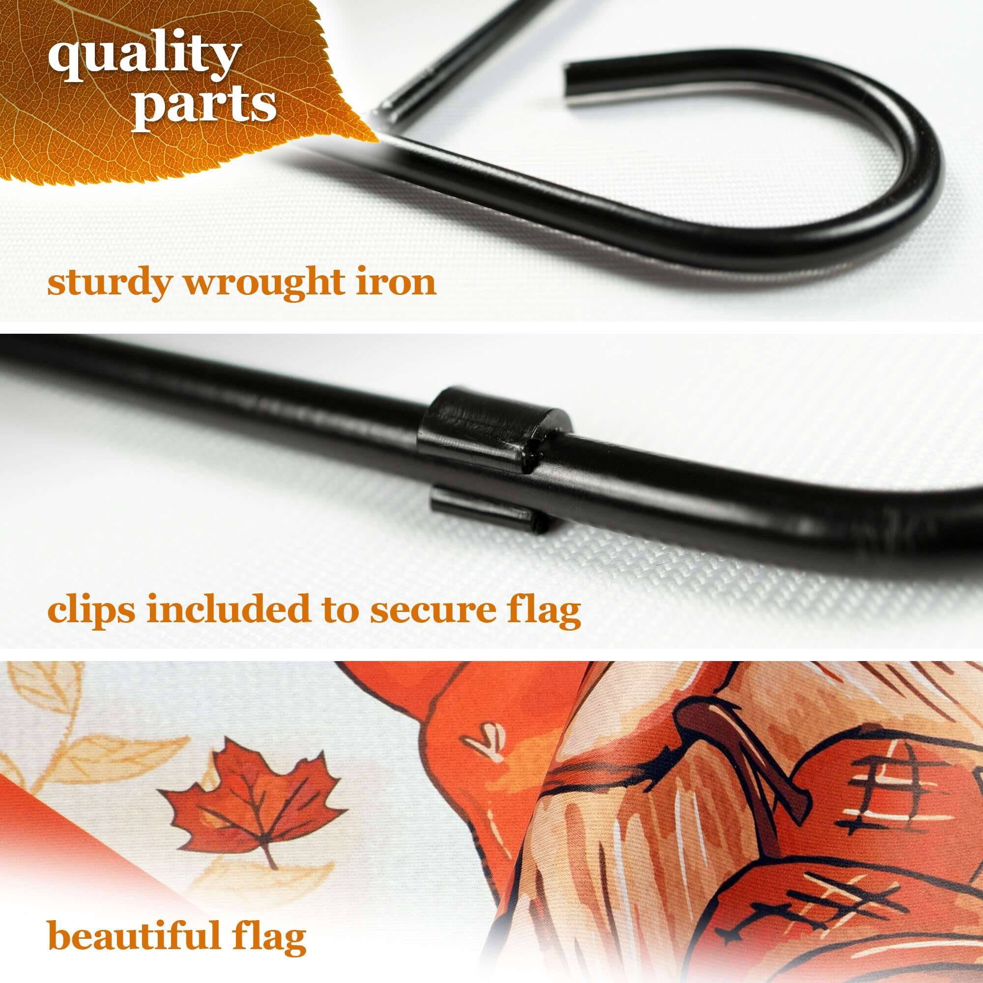quality parts  
sturdy wrought iron  
clips included to secure flag  
beautiful flag