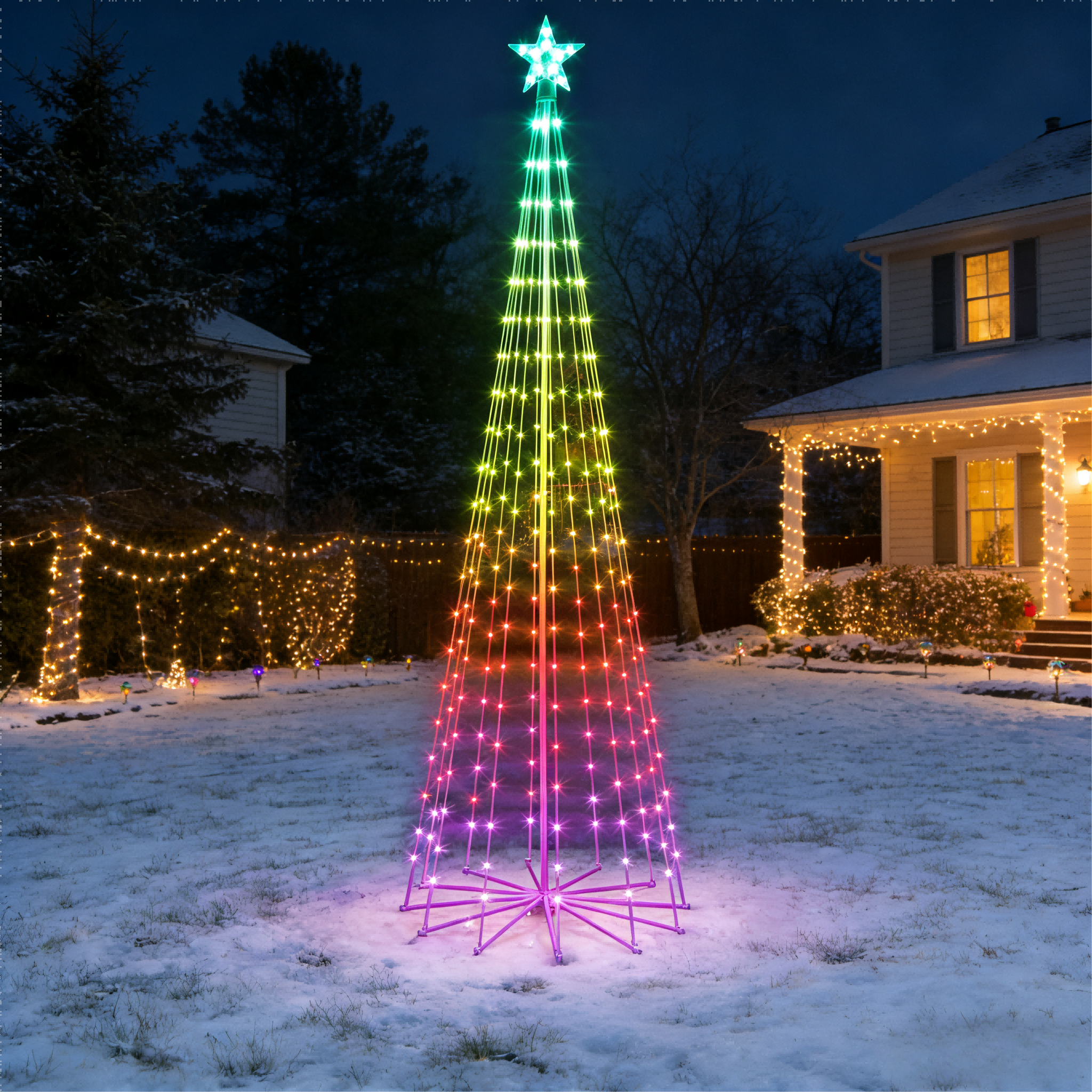 Front. Oumilen - 7.5FT RGB LED Light Show Tree – 16‑Color Remote Cone Light with Star Topper, 10 Modes for Indoor Outdoor Decor.