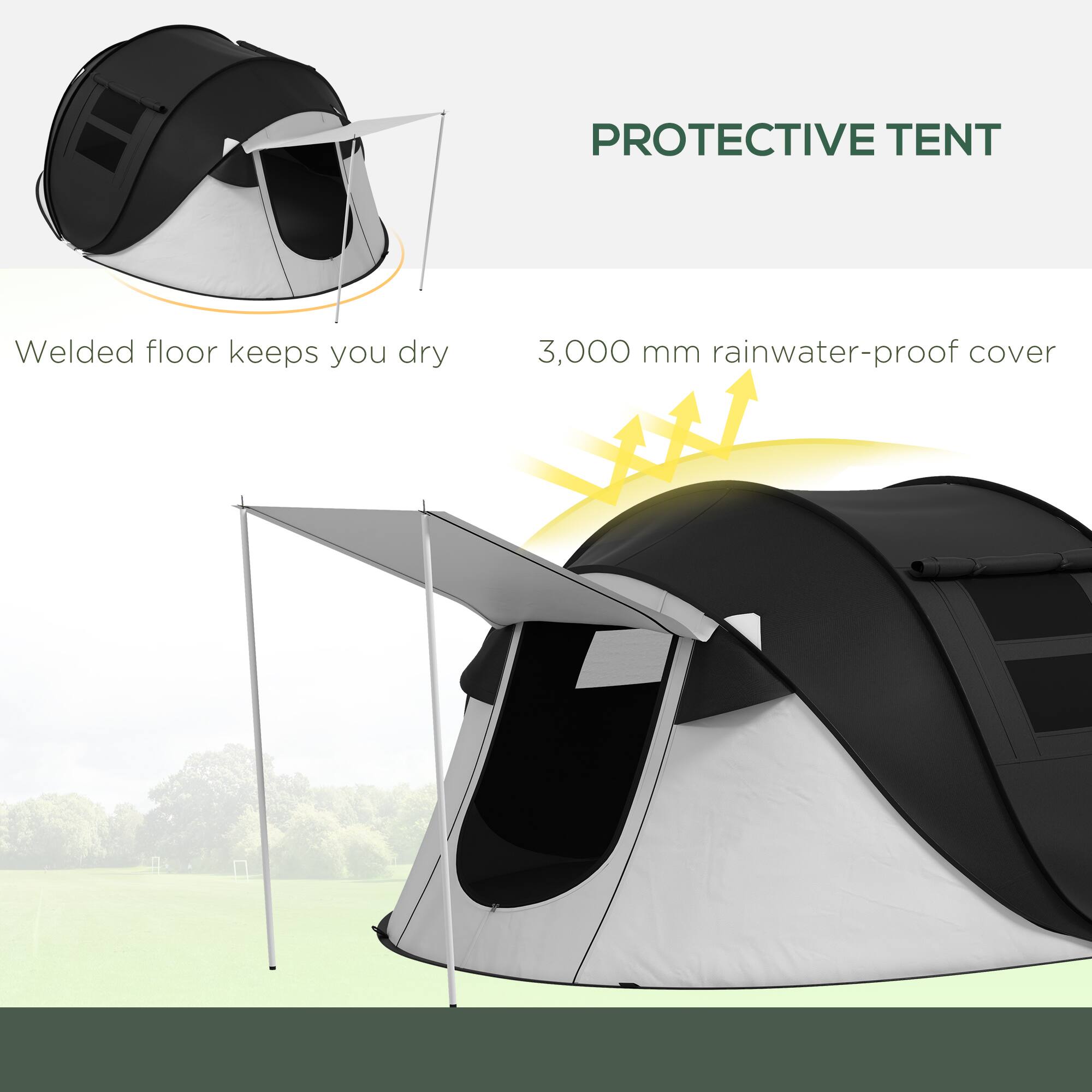 **Protective Tent**

- **Welded floor keeps you dry**
- **3,000 mm rainwater-proof cover**