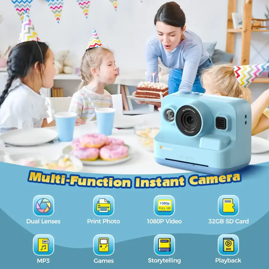 Multi-Function Instant Camera: 1080p Full HD, Dual Lenses, Print Photo, 1080P Video, 32GB SD Card, MPA AVI, MP3, Games, Storytelling, Playback.