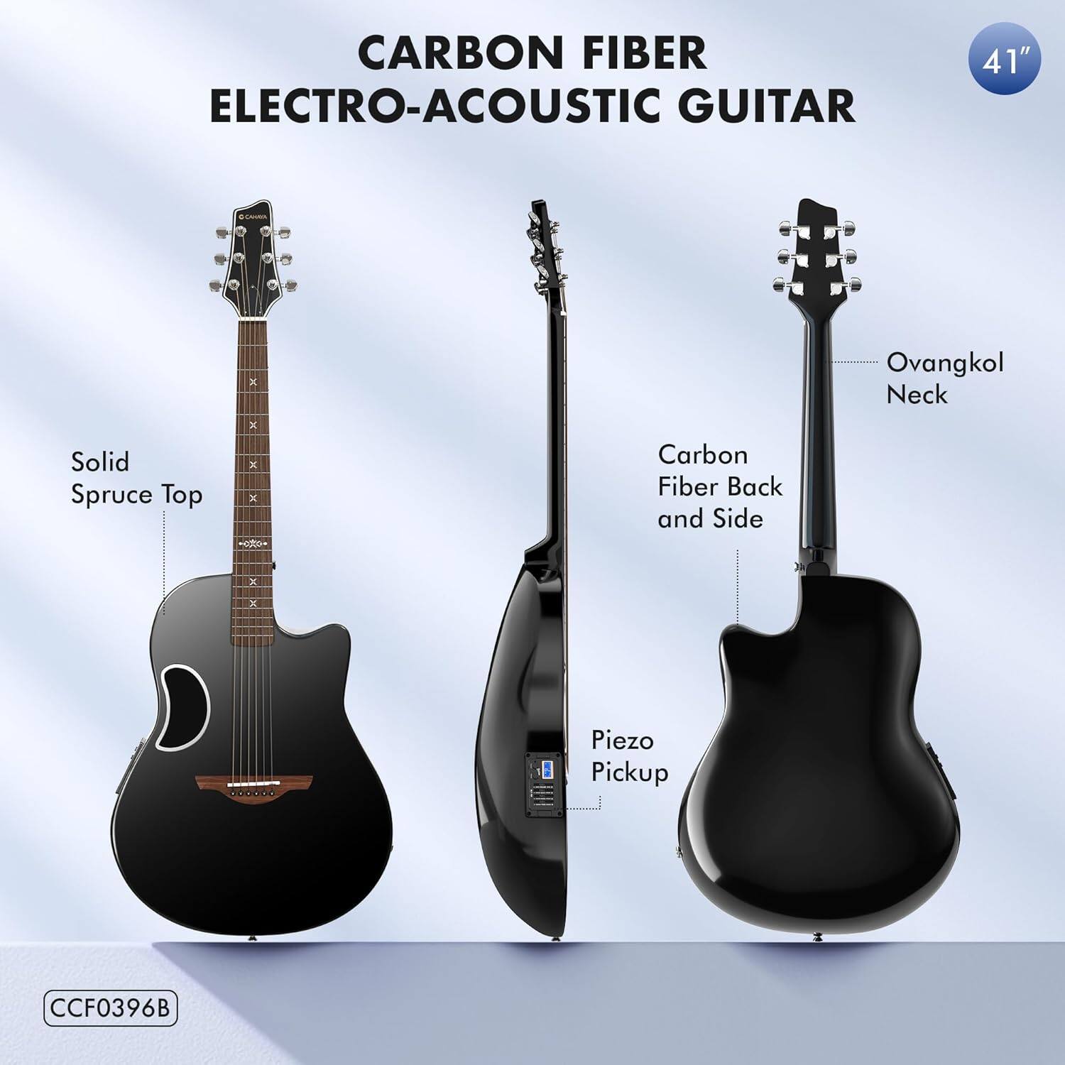 CARBON FIBER ELECTRO-ACOUSTIC GUITAR 41"  
- Solid Spruce Top  
- Carbon Fiber Back and Side  
- Ovangkol Neck  
- Piezo Pickup  
- CCF0396B