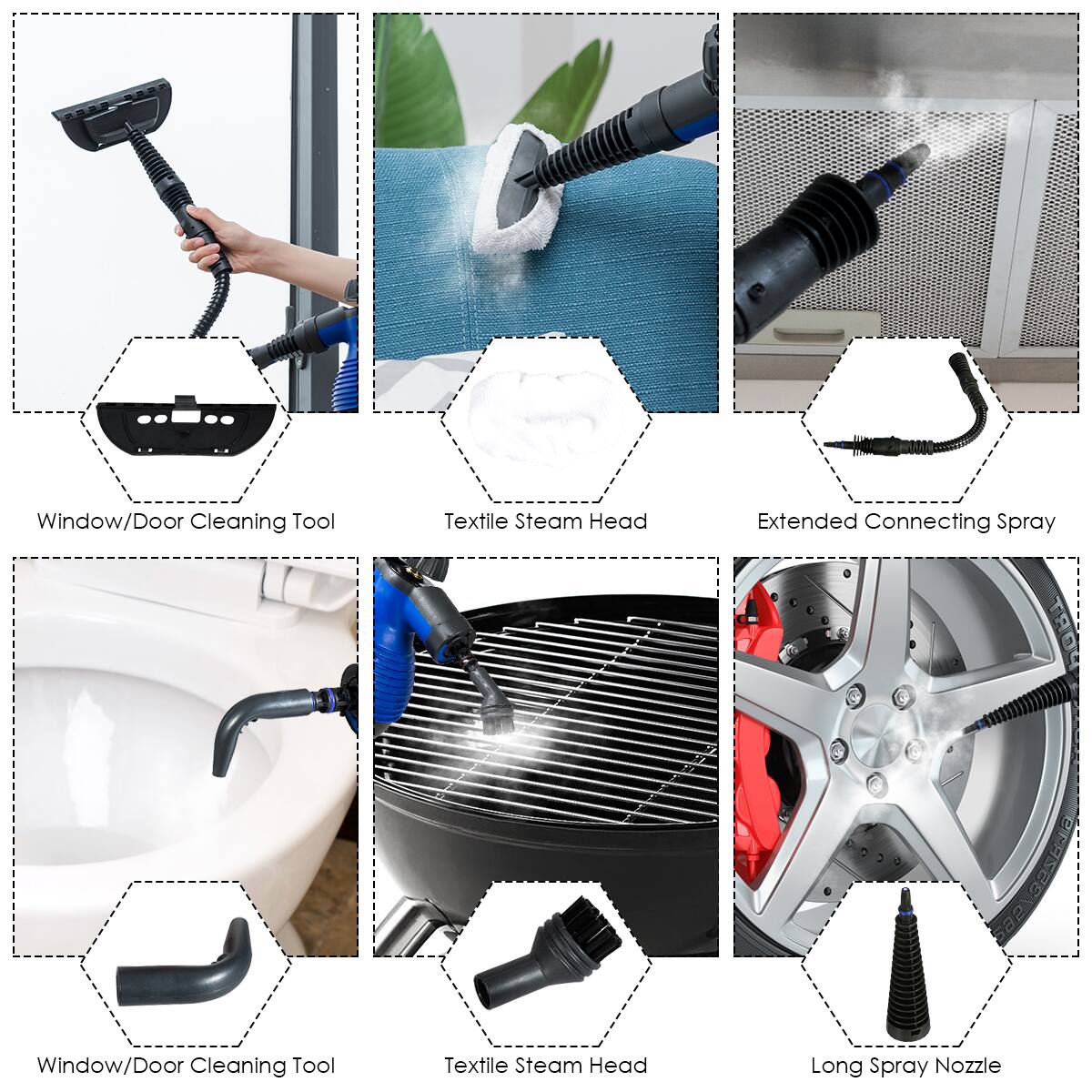 Window/Door Cleaning Tool  
Textile Steam Head  
Extended Connecting Spray  

Window/Door Cleaning Tool  
Textile Steam Head  
Long Spray Nozzle