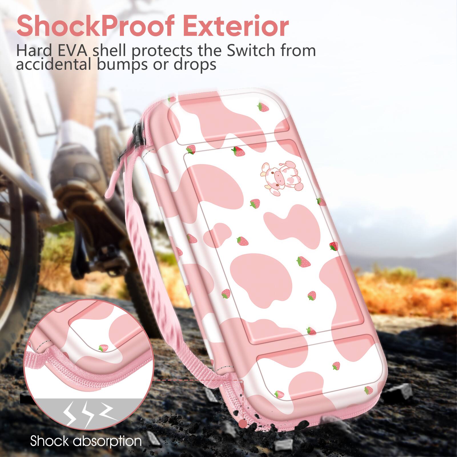 ShockProof Exterior  
Hard EVA shell protects the Switch from accidental bumps or drops  
Shock absorption