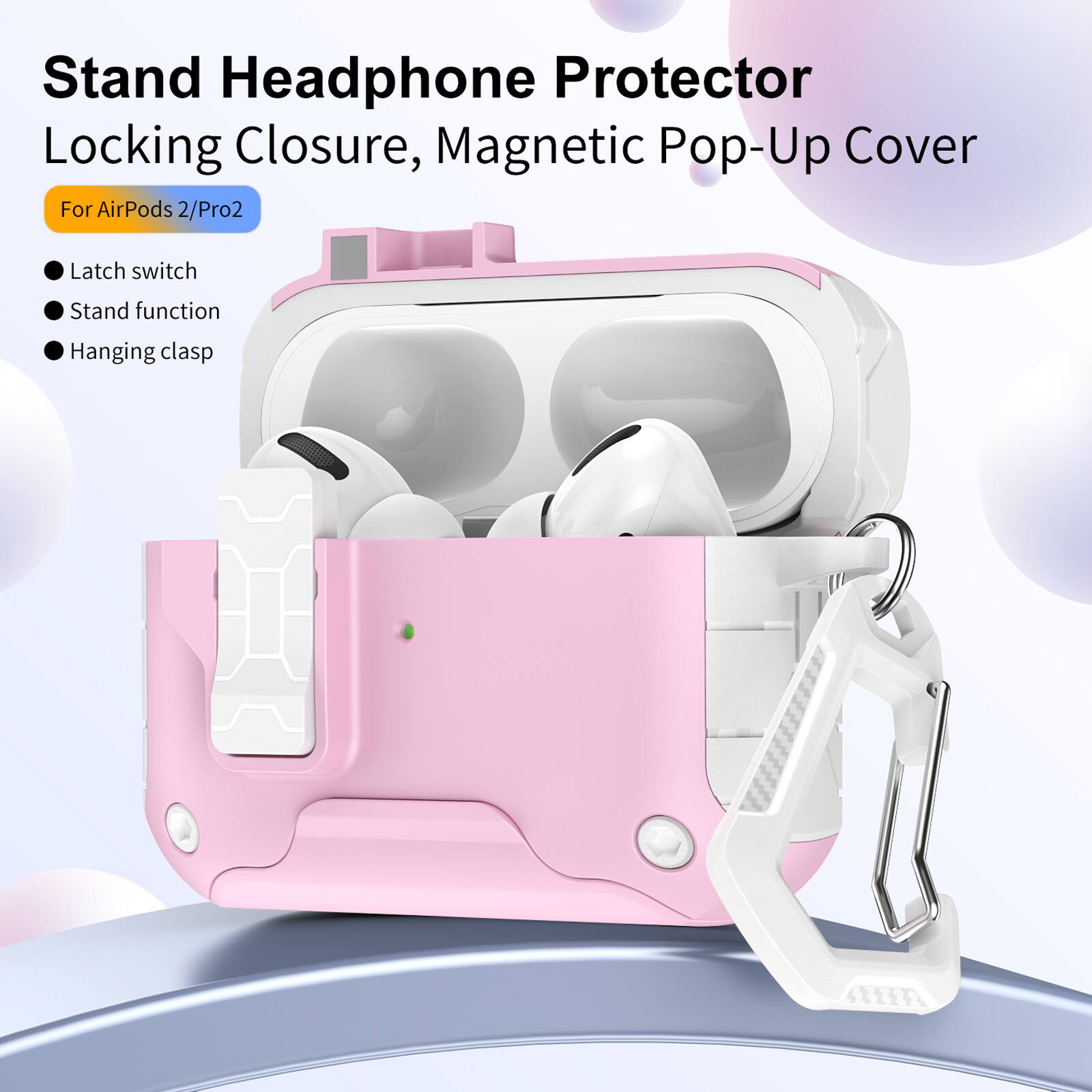 Stand Headphone Protector  
Locking Closure, Magnetic Pop-Up Cover  
For AirPods 2/Pro2  

- Latch switch  
- Stand function  
- Hanging clasp
