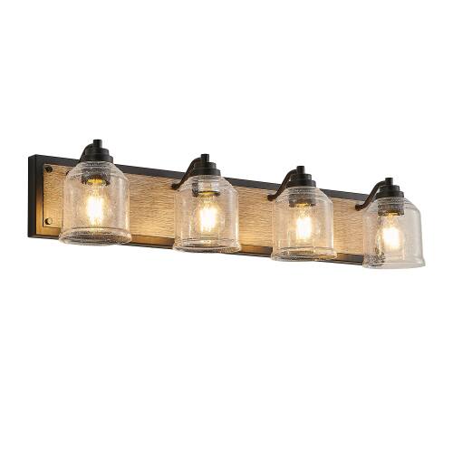Alt View 3. LUCKY ONE - 32in Wall Mount Vanity Light, 4-Light Farmhouse Black Wood Sconce with Seeded Glass Shades - Black.