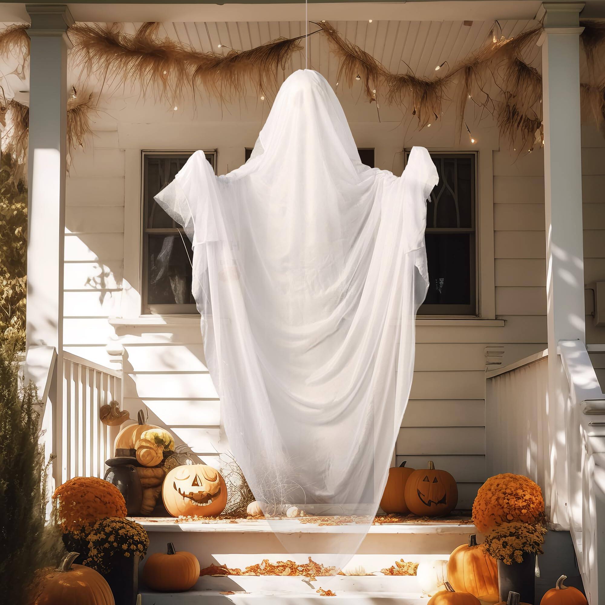 Left. Joyfy - 63" Light-Up Hanging Ghost for Halloween – Blue Glowing Flying Ghost Prop for Indoor/Outdoor, Yard, Tree, Patio & Lawn - white.