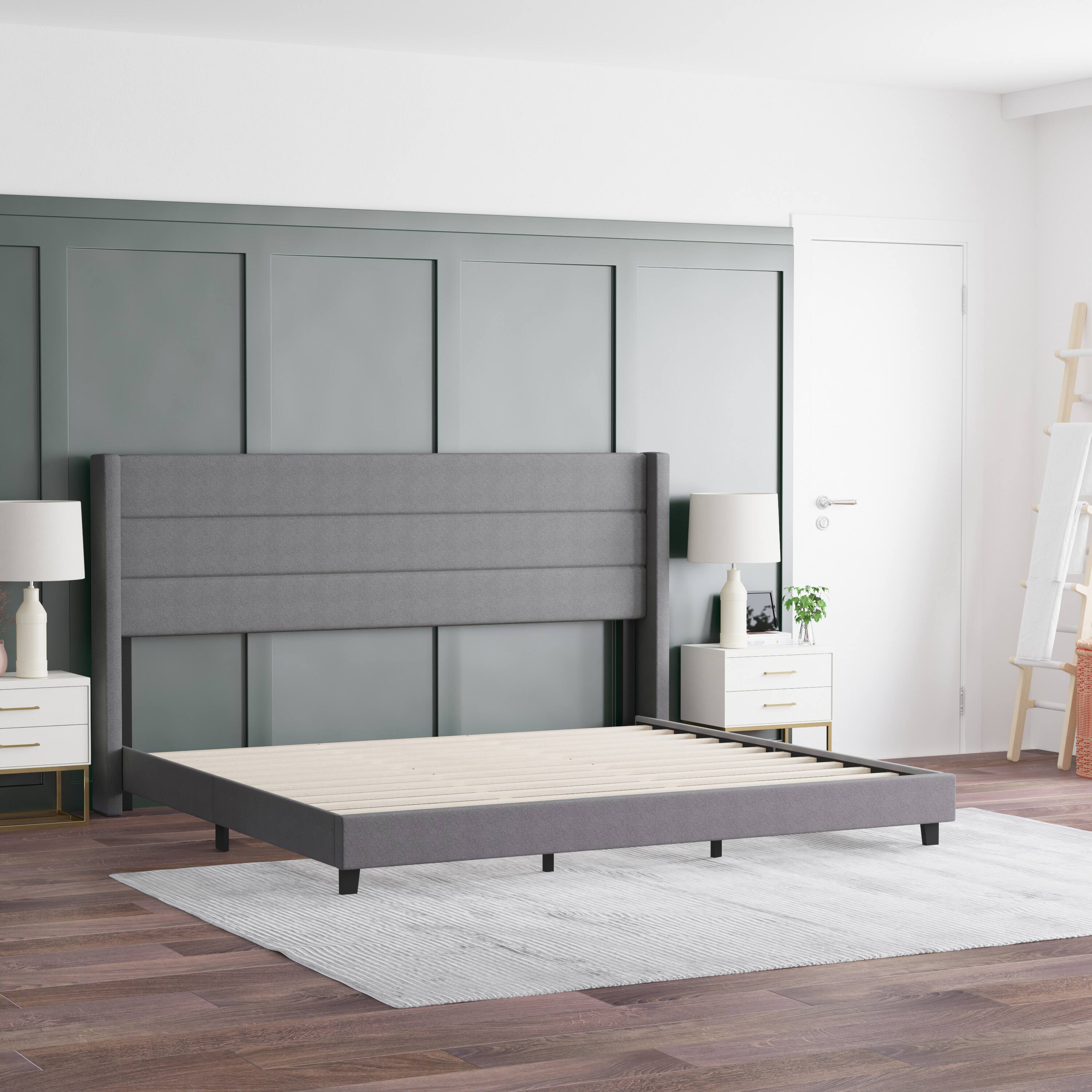 Alt View 3. Emma + Oliver - Upholstered Platform Bed with Wingback Headboard - Gray.