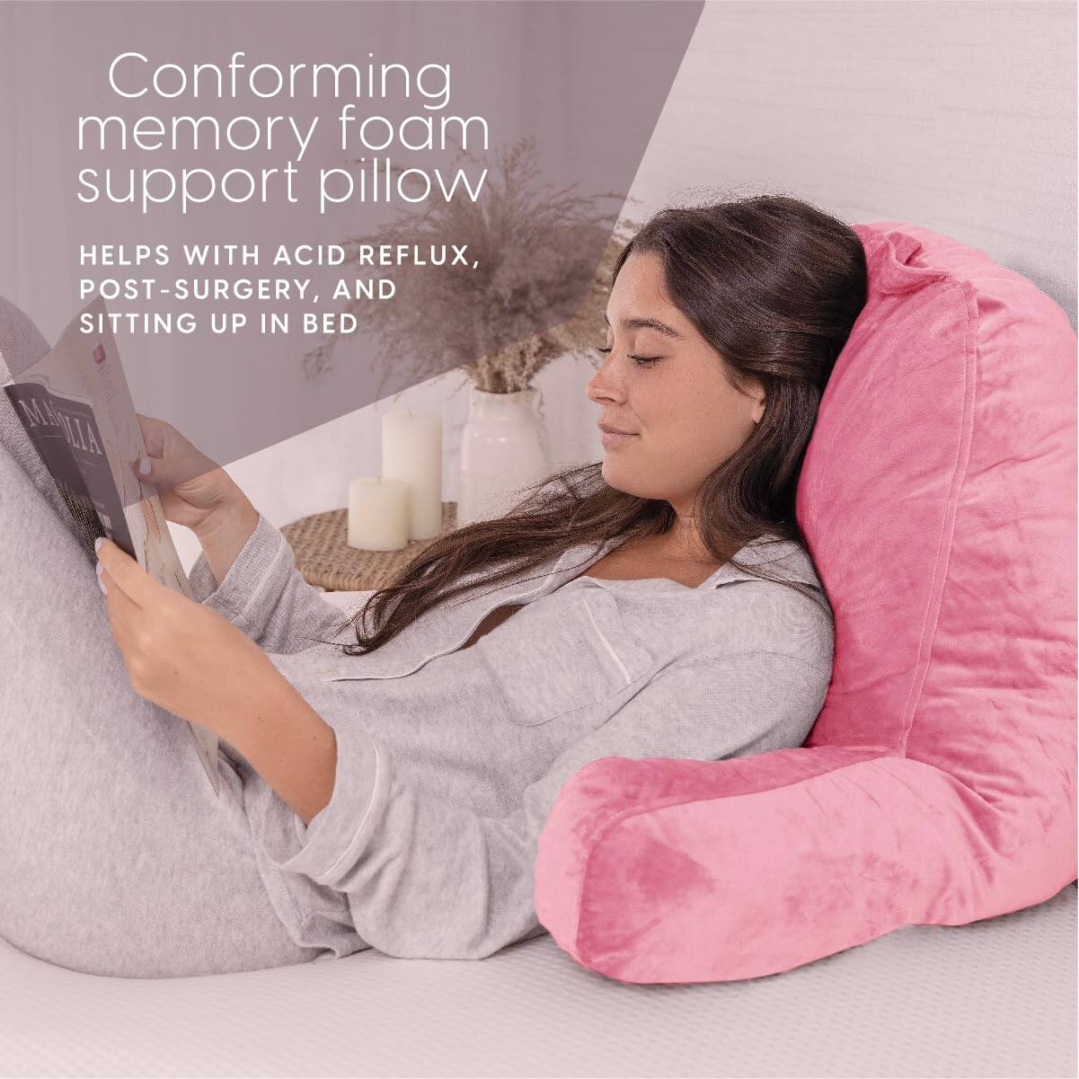 Conforming memory foam support pillow  
HELPS WITH ACID REFLUX, POST-SURGERY, AND SITTING UP IN BED