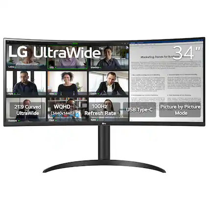Sure, here is the corrected and grouped text from the image:
---
**LG UltraWide™**
- 21:9 Curved UltraWide
- WQHD (3440x1440)
- 100Hz Refresh Rate
- USB Type-C
- Picture by Picture Mode
**Marketing Trends for Business**
1. **Rule of Artificial Intelligence (AI) Marketing**
- AI has become an integral part of marketing, offering personalized experiences and content tailored to consumer preferences.
2. **Increased Significance of Influencer Marketing**
- Brands are recognizing the value of influencers to reach wider audiences and create more authentic, relatable content.
3. **Personalization and Customer Experience**
- Personalization is a critical factor in marketing, enhancing customer satisfaction and loyalty.
4. **Video Marketing and Live Streaming**
- Video marketing continues to grow, with brands incorporating videos to engage audiences and provide real-time content.
**Participants:**
- Leina
- Oilly
- Monica
- Kyle
- Kim
- Louis
- Thomas
- Paul
- Kate
**34"**
---
This text is organized to reflect the information displayed on the monitor in the image.
