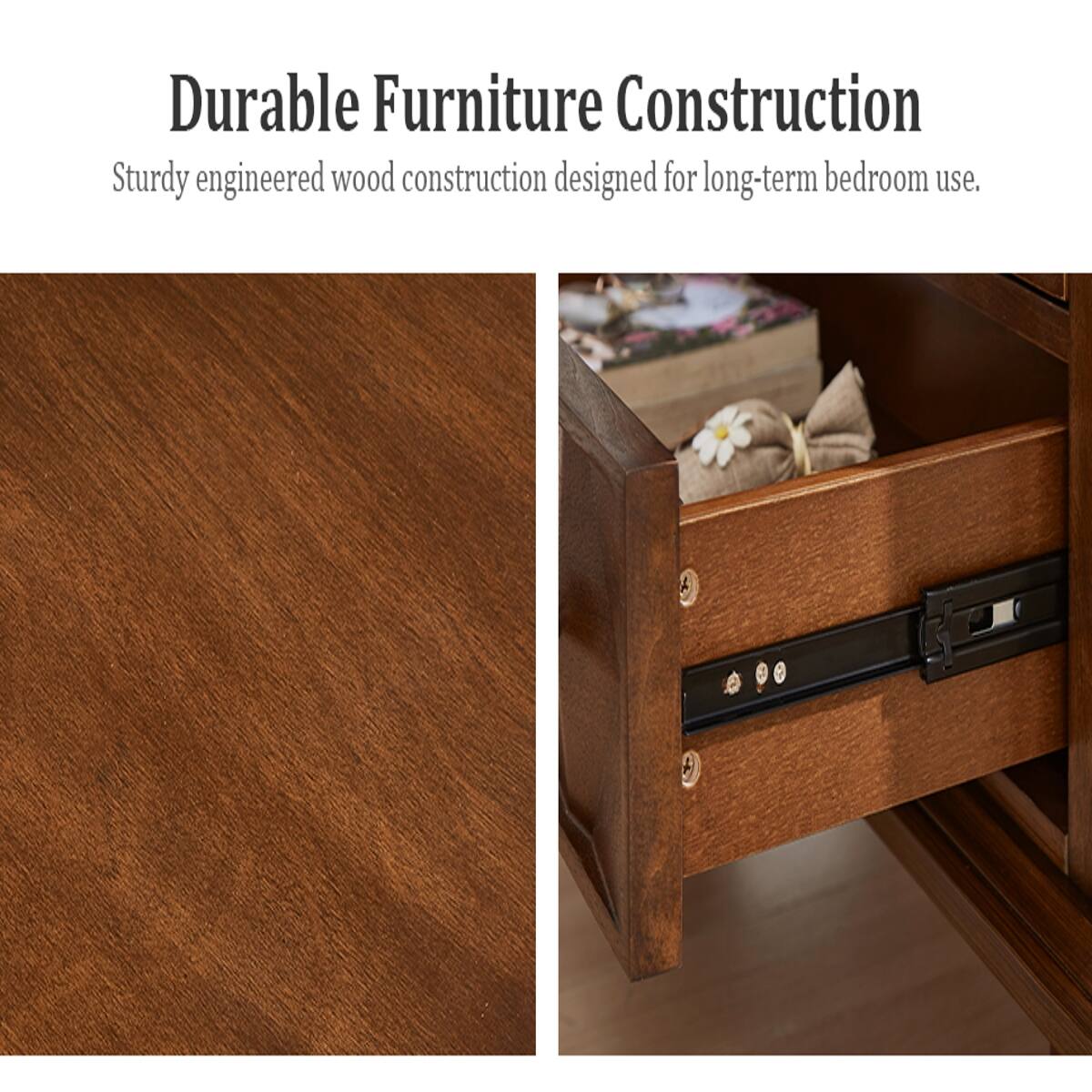 Durable Furniture Construction  
Sturdy engineered wood construction designed for long-term bedroom use.