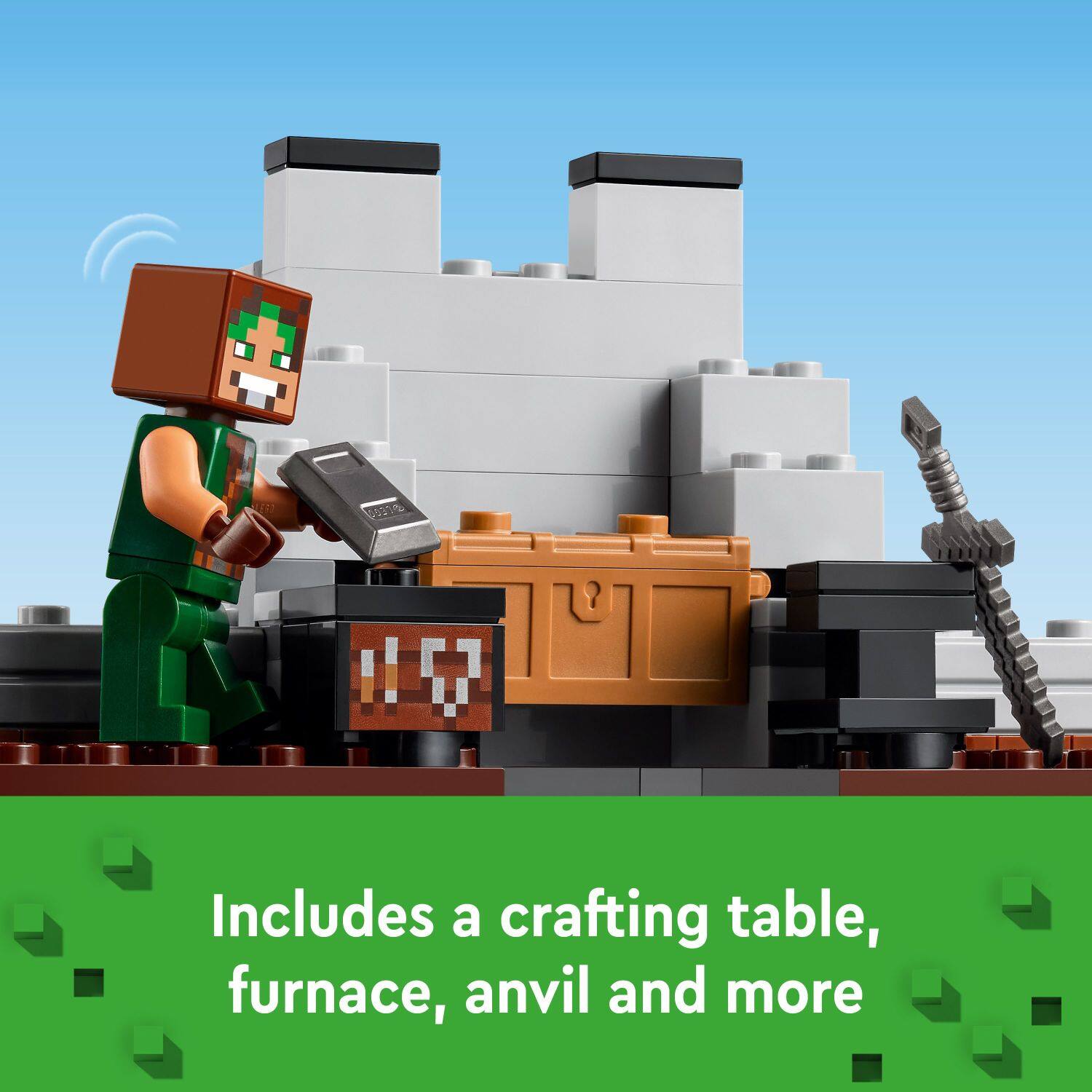 Includes a crafting table, furnace, anvil and more.