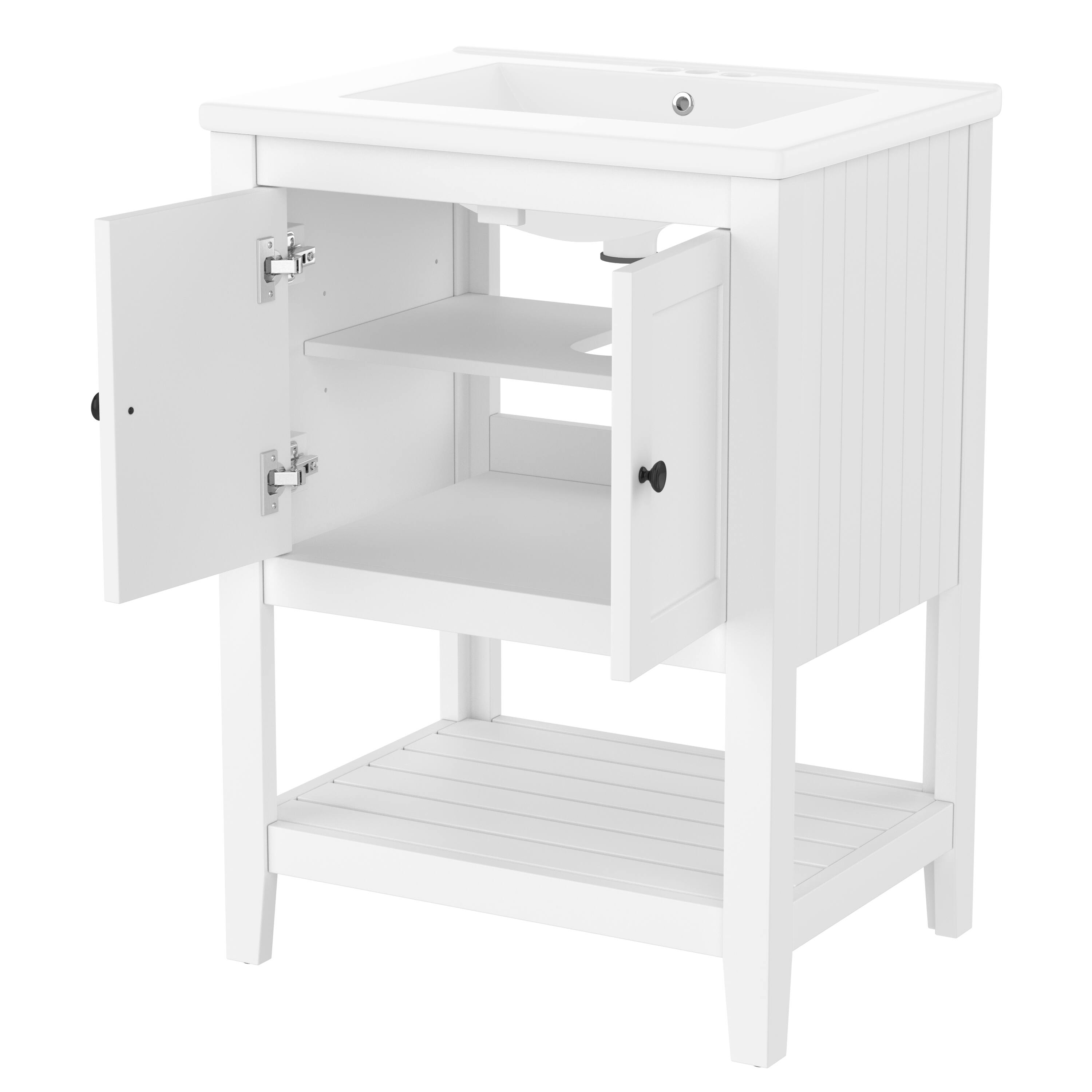 Alt View 1. Whisen - 24-Inch Freestanding Bathroom Vanity with Ceramic Sink and Open Style Shelf - White.