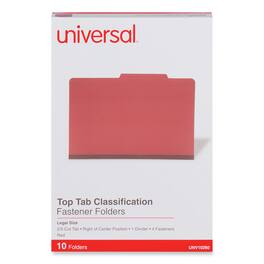 Universal - Four-Section Pressboard Classification Folders, 2" Expansion, 1 Divider, 4 Fasteners, Legal Size, Red Exterior, 10/Box