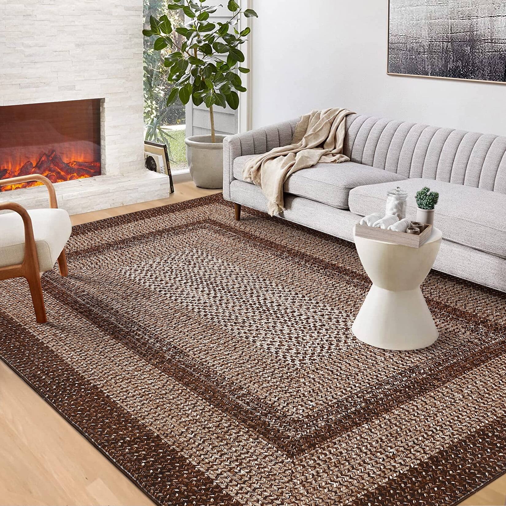 Front. Homhougo - 9x12 Farmhouse Braided Print Stain-Resistant Non-Shedding Geometric Border Accent Area Rug Brown - Brown.