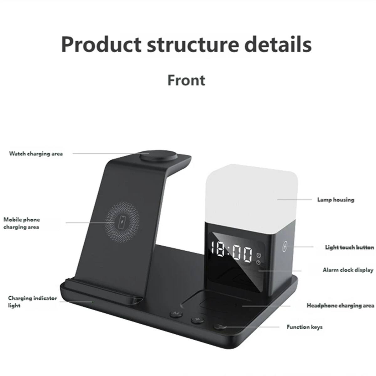 Product structure details  
Front  

- Watch charging area  
- Mobile phone charging area  
- Charging indicator light  
- Lamp housing  
- Light touch button  
- Alarm clock display  
- Headphone charging area  
- Function keys