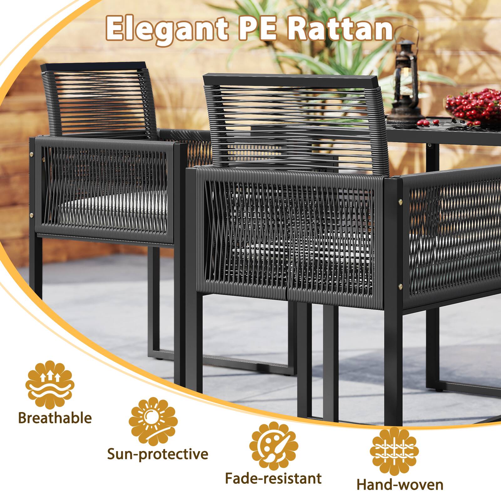 Elegant PE Rattan is a breathable, sun-protective, fade-resistant, and hand-woven outdoor furniture. The image features a table and two chairs, showcasing the durability and style of this outdoor furniture.