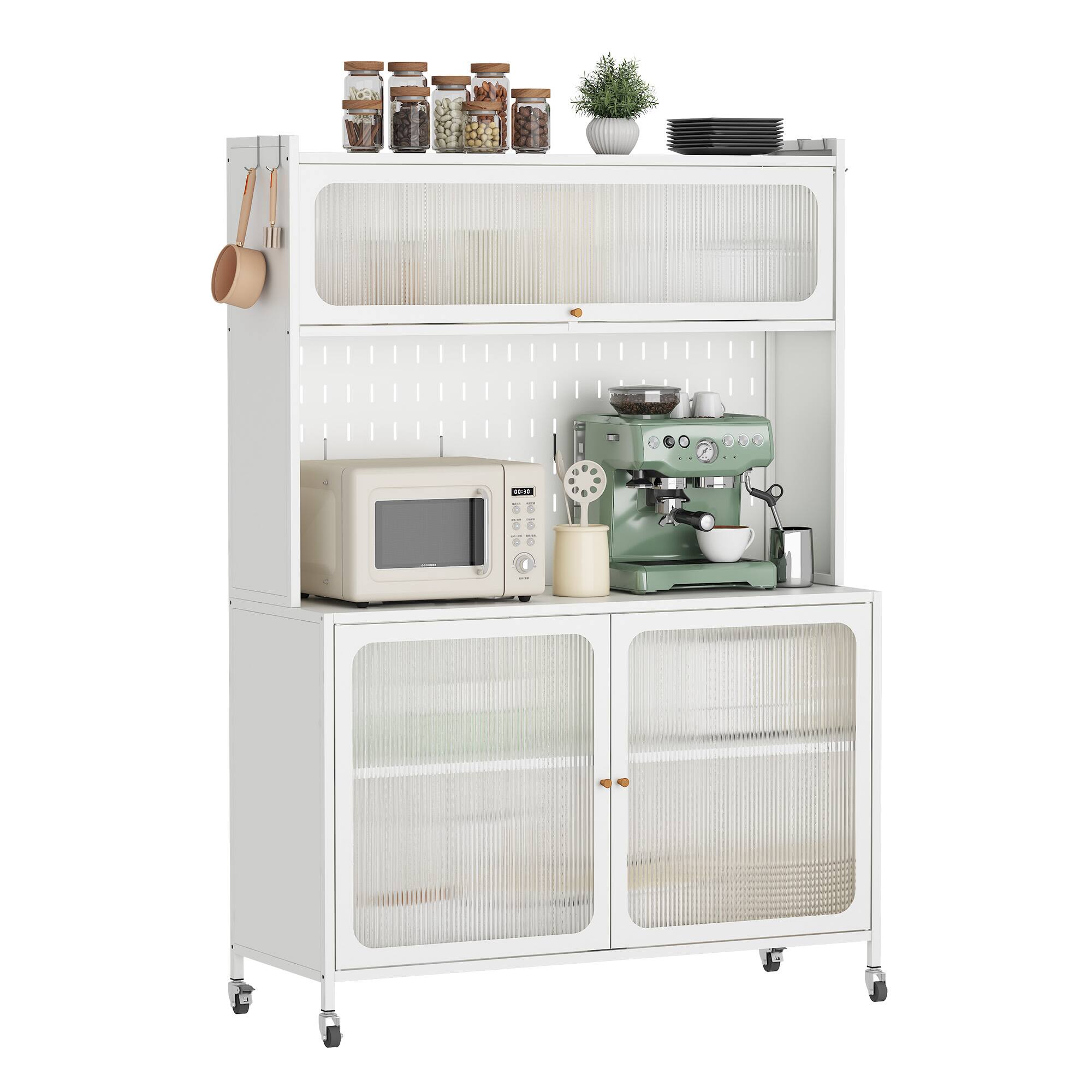 Front. Dexmalle - Dexmalle-Kitchen Storage Cabinet with Glass Doors,Pegboard and Adjustable Shelves,Microwave Stand-White - White.