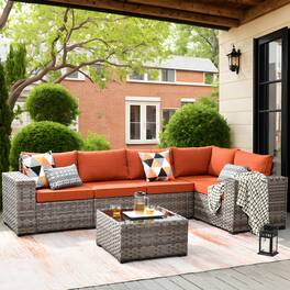 Ovios - 6 PCS Rattan Patio Furniture, Modular Sectional Sofa, Outdoor Conversation Set with Coffee Table - Orange Red