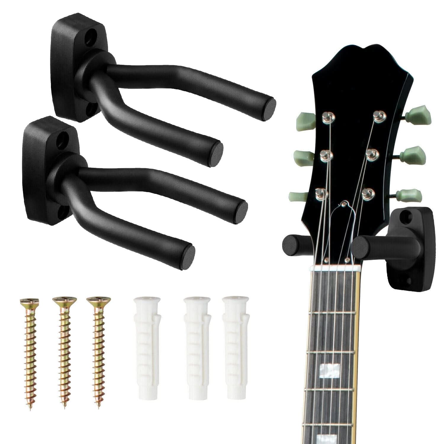 Front. 5 CORE - Guitar Wall Mount Hanger Hook for Acoustic Classical Electric Bass Guitars-GH IRON 2PCS - Black.