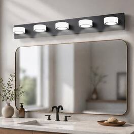 RYHNUYNE - 37 " LED Bathroom Vanity Light,5‑Light Modern Wall Lighting Fixture with Round Acrylic Shade for Bathroom Mirror - Black