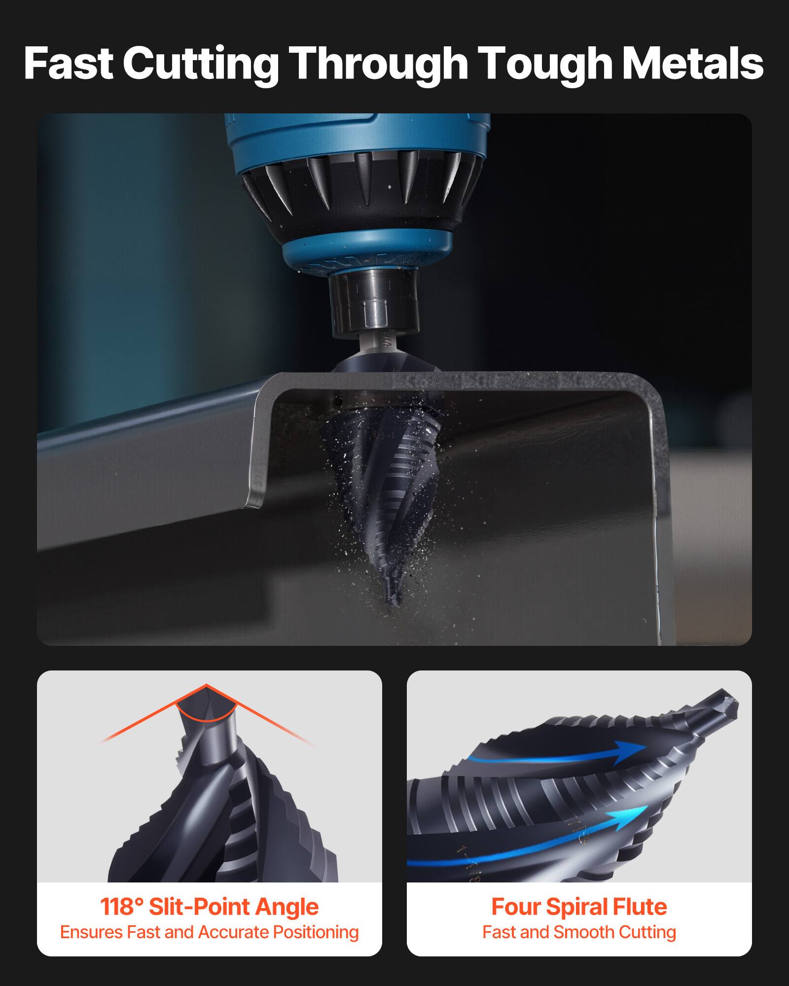 Fast Cutting Through Tough Metals

118° Slit-Point Angle  
Ensures Fast and Accurate Positioning

Four Spiral Flute  
Fast and Smooth Cutting