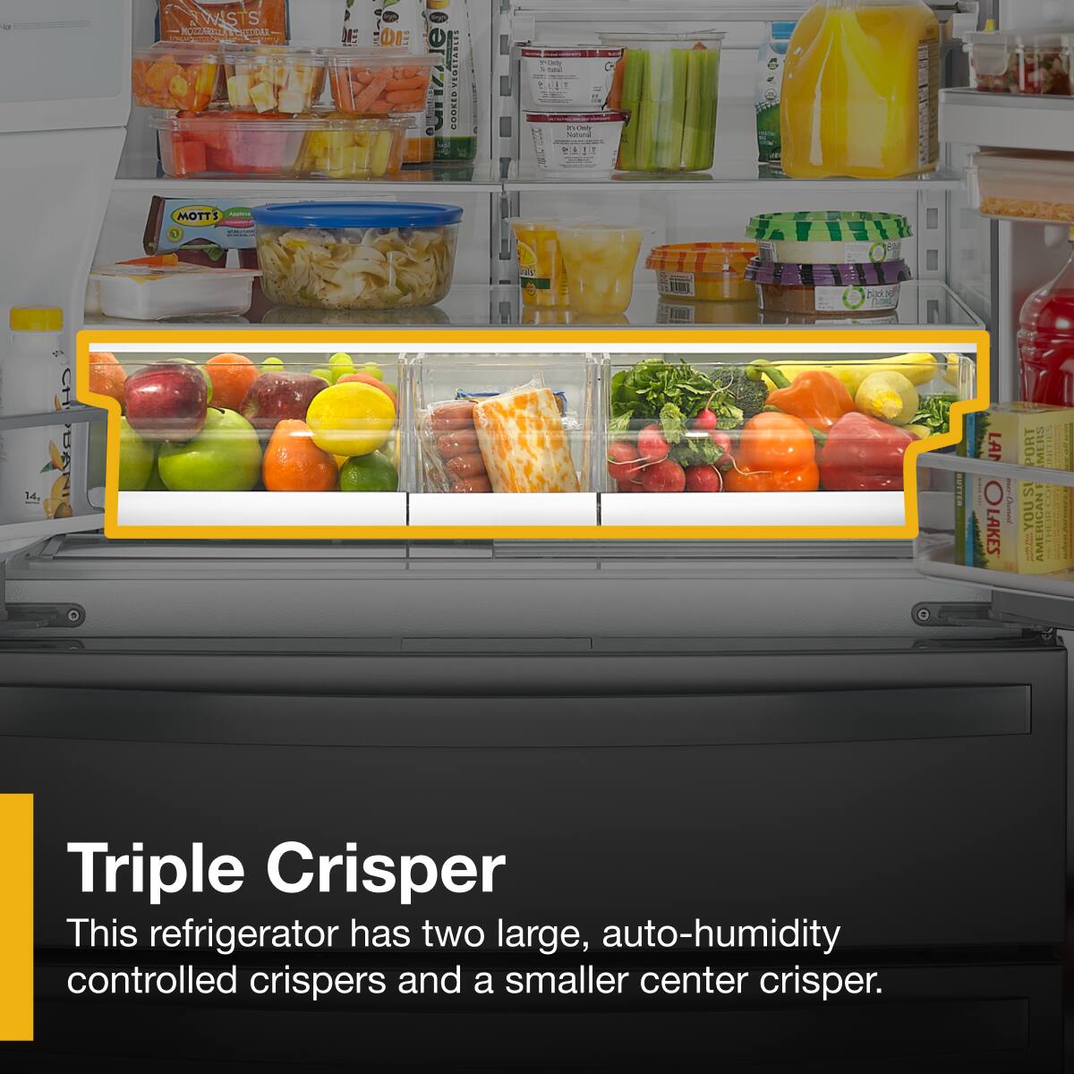 Triple Crisper

This refrigerator has two large, auto-humidity controlled crispers and a smaller center crisper.