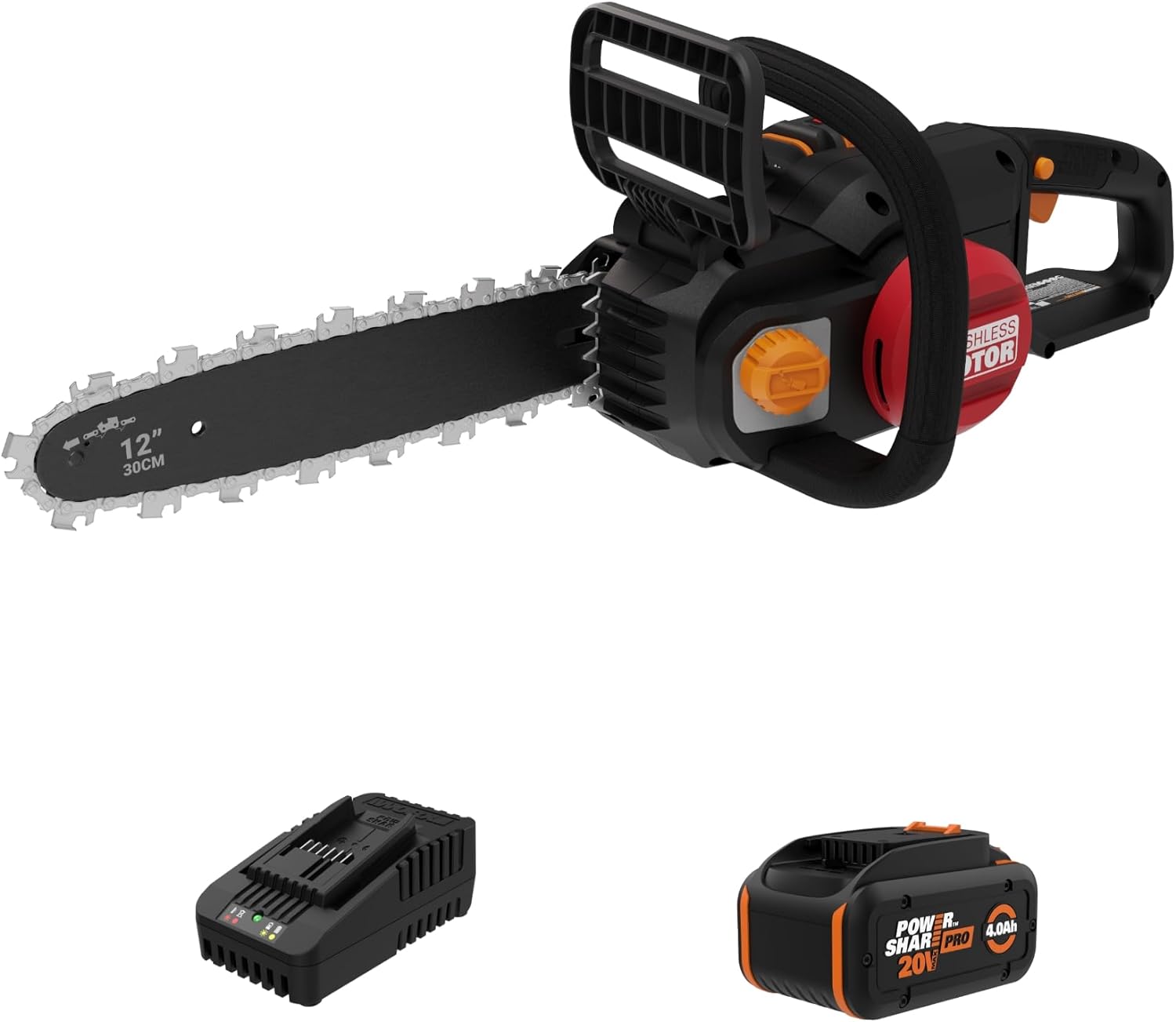 The image features a chainsaw with a 12" blade, along with a 4.0Ah battery and a charger. The chainsaw is designed to be used with a 30cm blade, making it suitable for various cutting tasks. The image also includes a close-up of the chainsaw, showcasing its features and design.