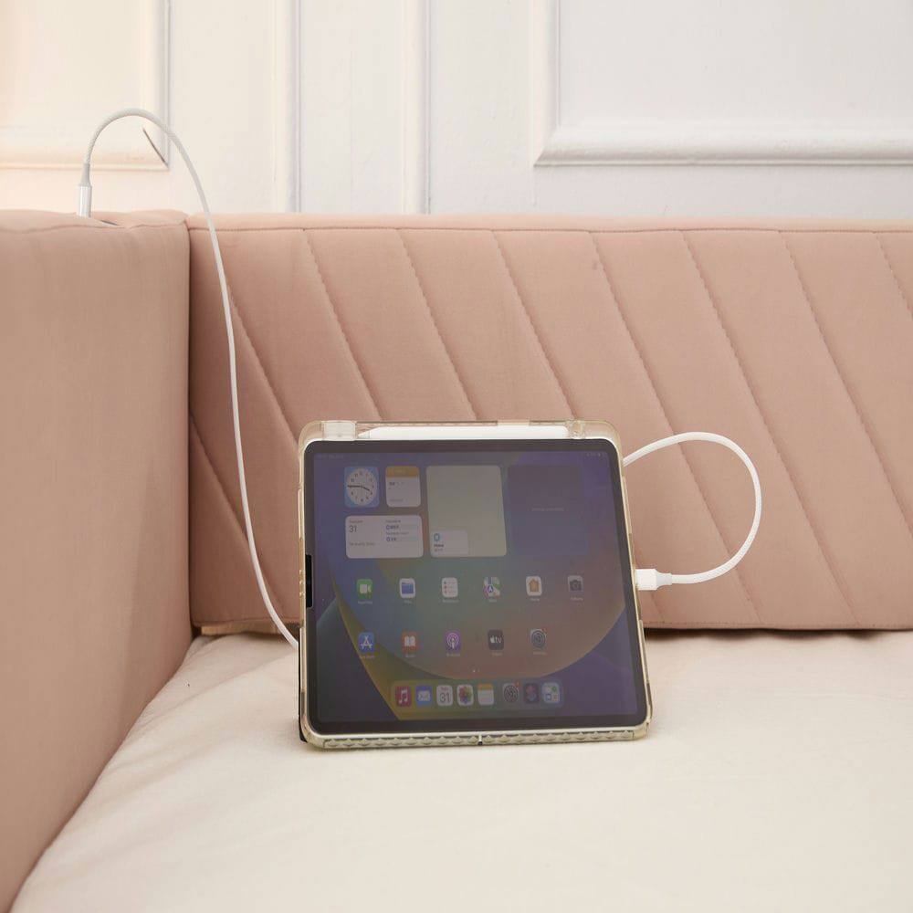 Alt View 6. Kadyn - Twin Upholstered Daybed with Trundle, USB Port & Side Pockets, Modern V-Grain Backrest, No Box Spring - Pink.