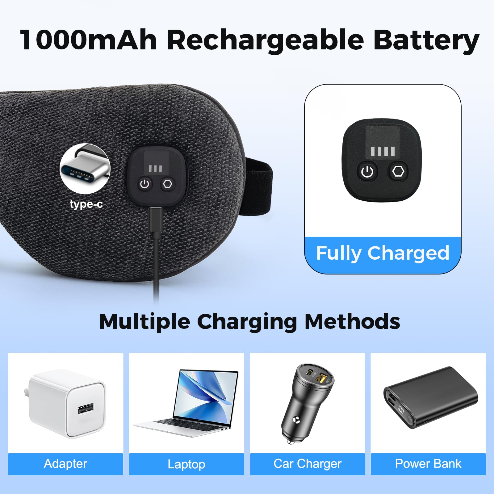 1000mAh Rechargeable Battery

Multiple Charging Methods

- Adapter
- Laptop
- Car Charger
- Power Bank

Fully Charged

Type-C