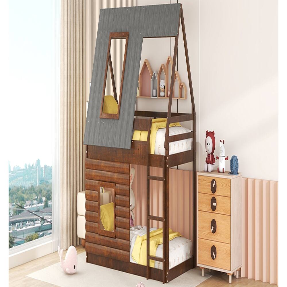 Alt View 3. Loheer - Loheer Wood Twin Over Twin House Bunk Bed with Roof and Windows Oak - Oak & Smoky Grey.