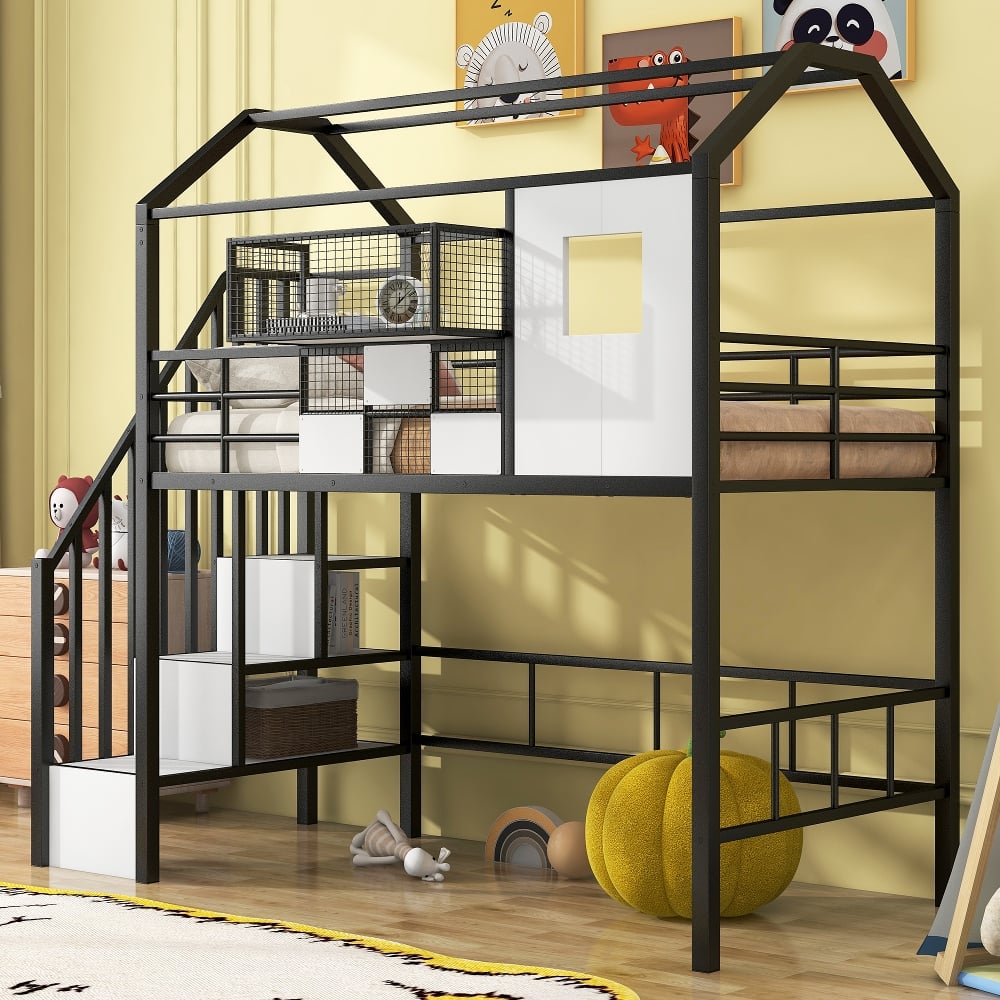Loheer - Metal Loft Bed with Roof Design Twin Size House Loft Bed with Storage Box and Integrated Ladder - Black