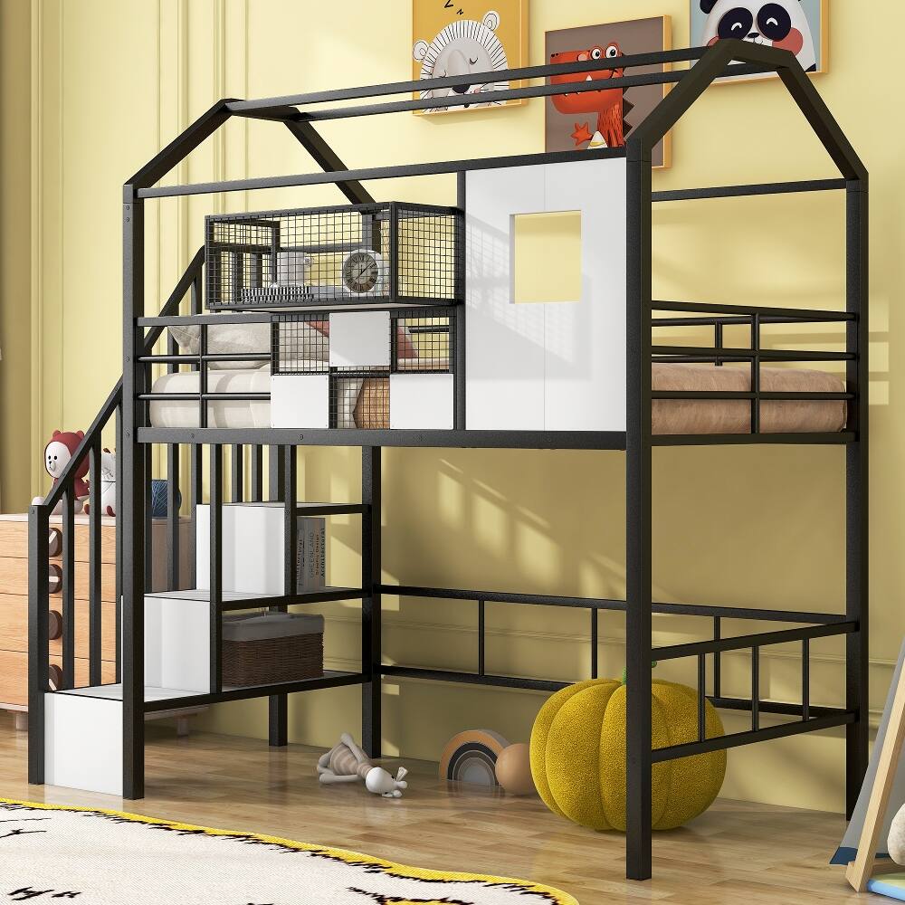 Front. Loheer - Loheer Metal Loft Bed with Roof Design Twin Size Black House Loft Bed with Storage Box and Integrated Ladder - Black.